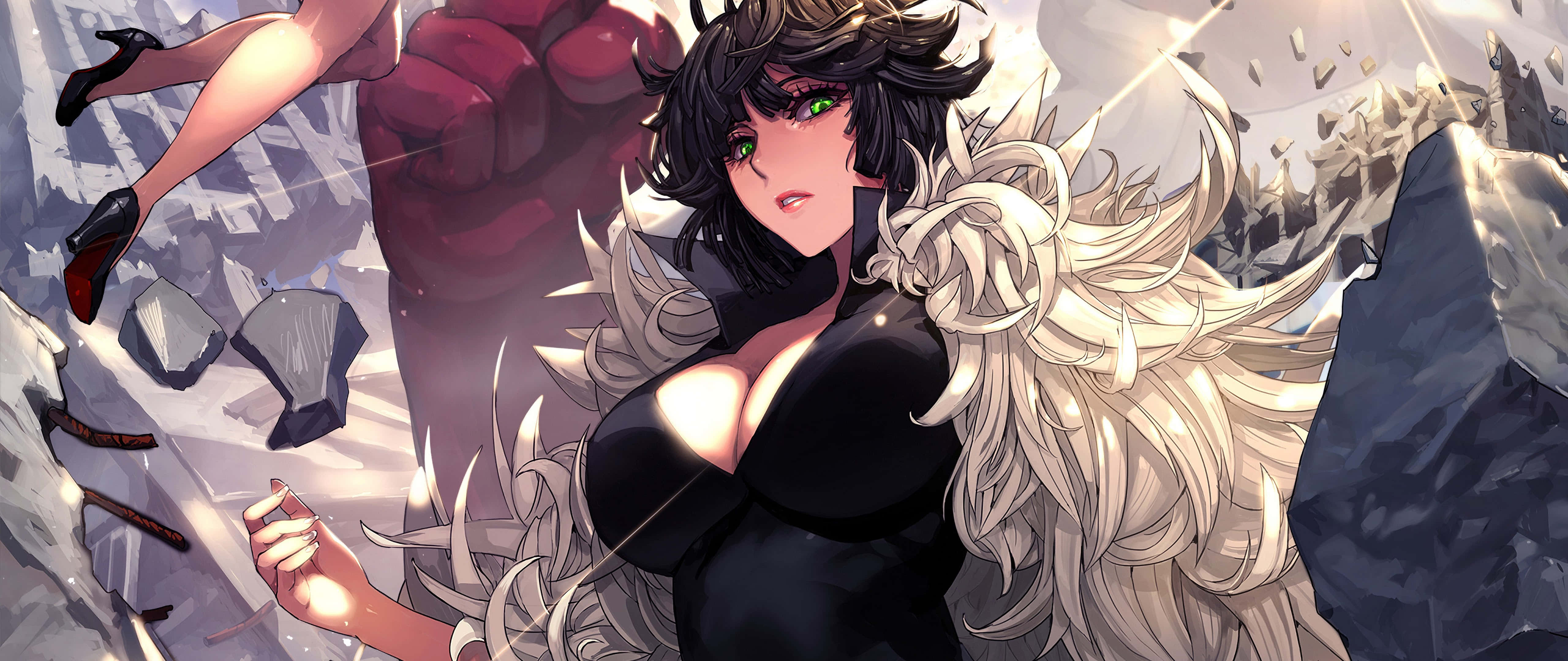 Fubuki 桌布 壁紙 — 一位兇猛的黑髮綠眼動漫女性，身穿黑色服裝，站在破碎的岩石和一個巨大的紅色拳頭之間。