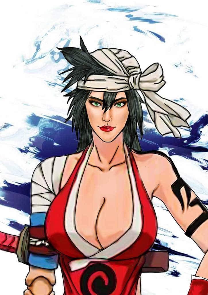 Kukaku Shiba 桌布 壁紙 — 一位兇猛的黑髮綠眼動漫女戰士，身穿紅色服裝和白色頭帶，背景是旋轉的藍白色。