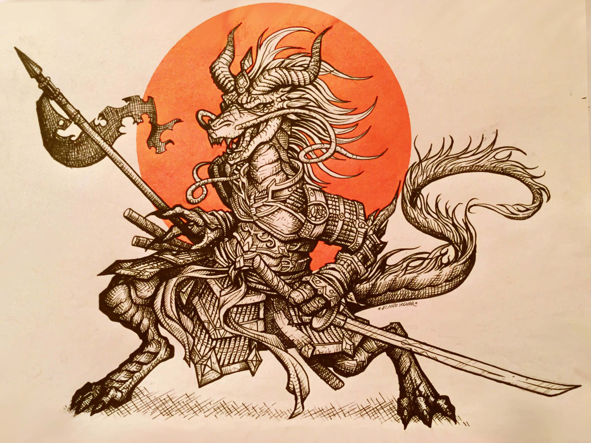 Samurai Dragon 桌布 壁紙 — 一位兇猛的龍騎士身穿華麗盔甲，手持長矛和劍，在熾熱的橙色太陽背景下向前衝鋒。