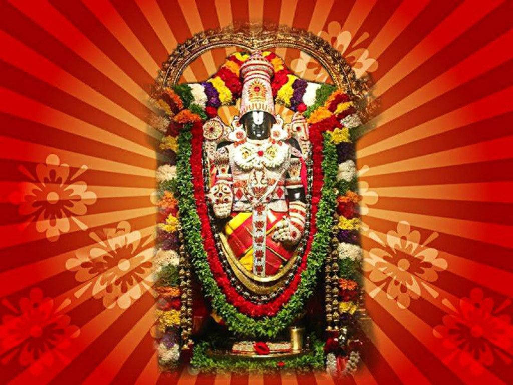 Hindu God 桌布 壁紙 — 一位光彩奪目的印度教神祇，裝飾著色彩繽紛的花朵和精緻的珠寶，站在大膽的紅色太陽光線背景前。