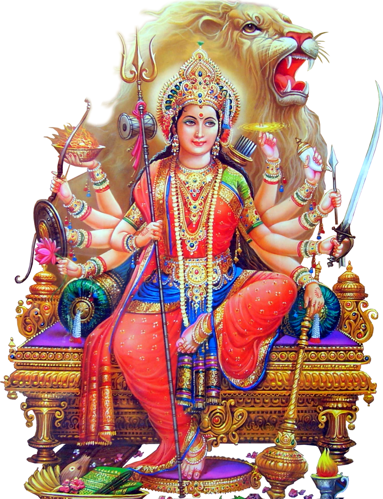 Durga 桌布 壁紙 — 一位光彩奪目的多臂印度教女神，身著紅金服飾，威嚴地坐在鑲滿寶石的寶座上，身後有一頭咆哮的獅子。