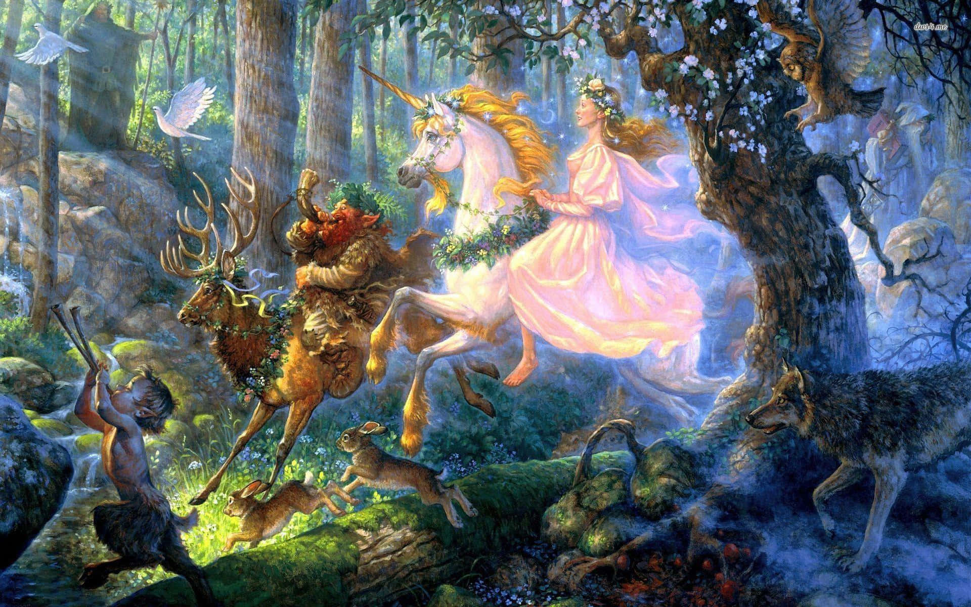 Magical Forest 桌布 壁紙 — 一位光彩奪目的女性騎著雄偉的獨角獸穿越神秘森林，鹿、兔子和狼驚奇地觀望。