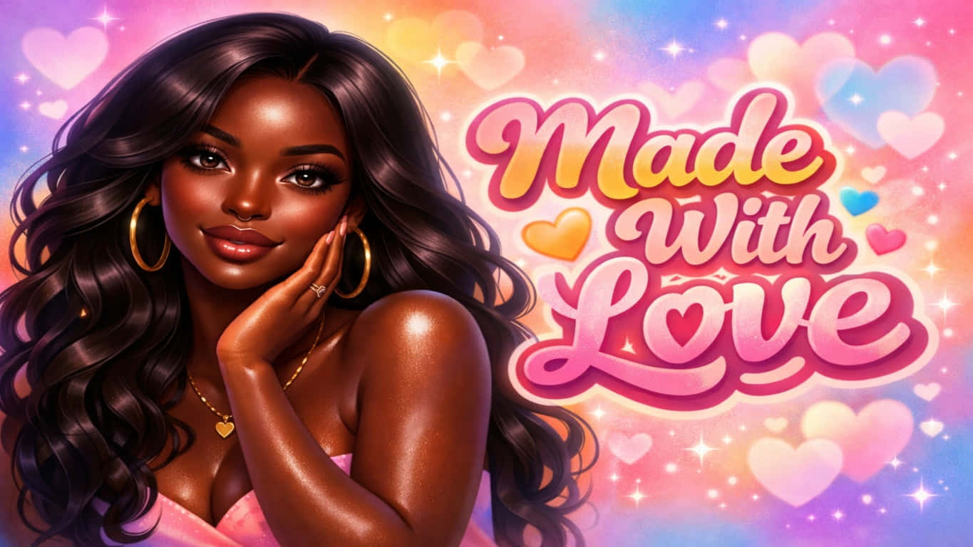 Made With Love 5 壁紙 — 一位光彩照人的女性，長著深色長捲髮，戴著金色耳環，在充滿心形圖案的柔和天空背景下微笑，上面有「Made With Love」字樣。