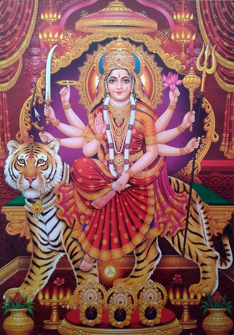 Indian 桌布 壁紙 — 一位光芒四射、多臂的印度教女神，身披金紅裝飾，威嚴地坐在老虎上，手持神聖武器和蓮花。