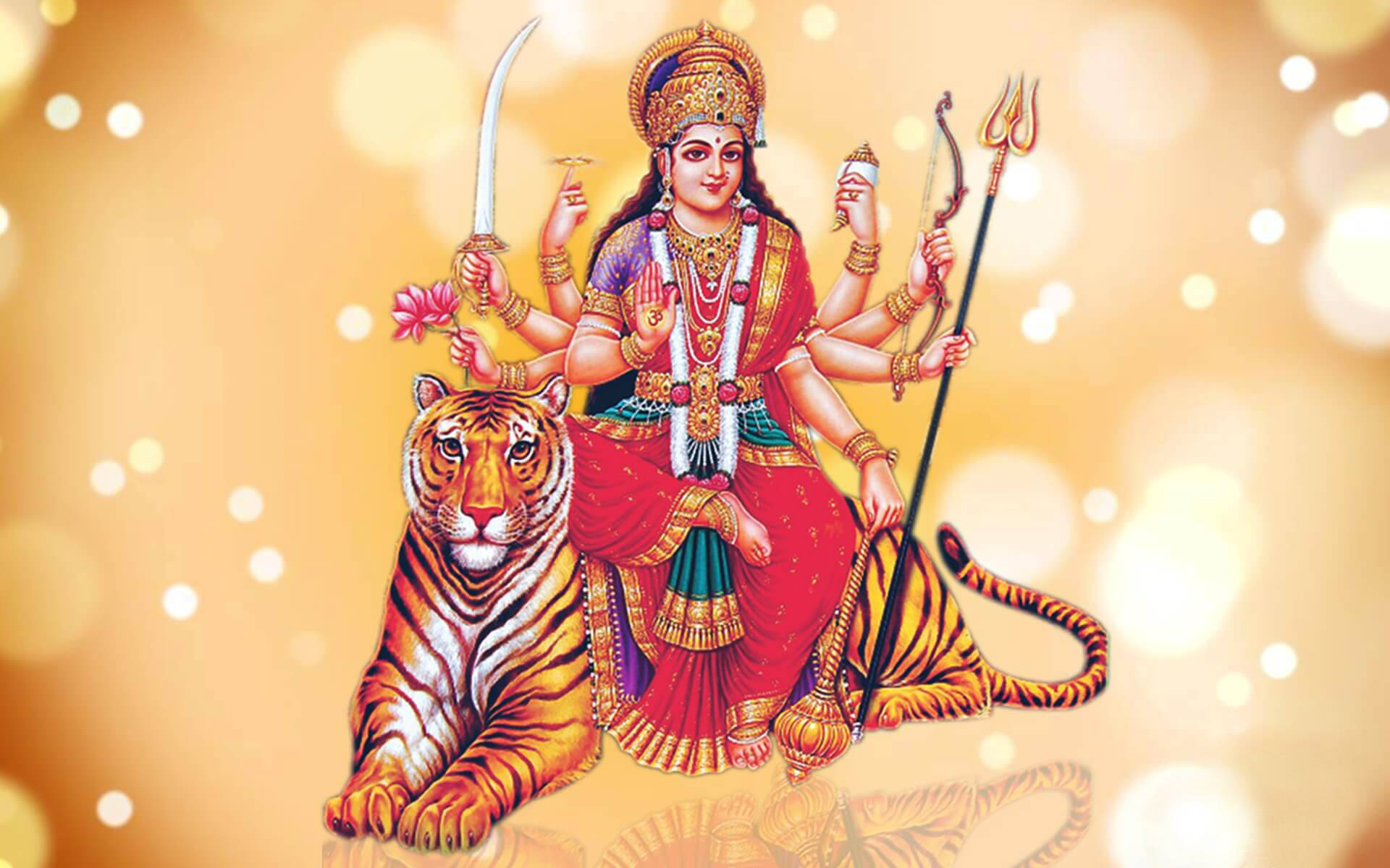 Indian 桌布 壁紙 — 一位光芒四射、多臂的印度教女神，身著紅金裝飾，優雅地坐在一頭威嚴的老虎上，背景是閃爍的金色散景。