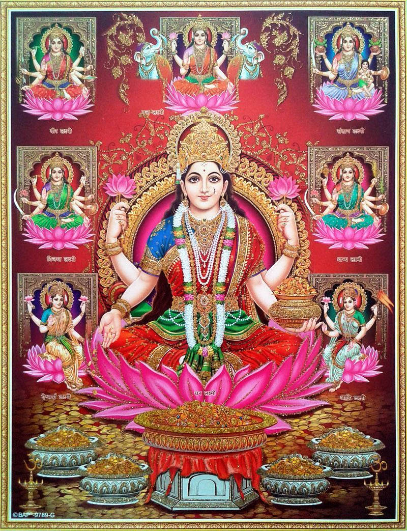 印度教女神坐在蓮花上，周圍有八個較小的神祇，鑲嵌在華麗的畫框中。 — 拉克什米女神 壁紙