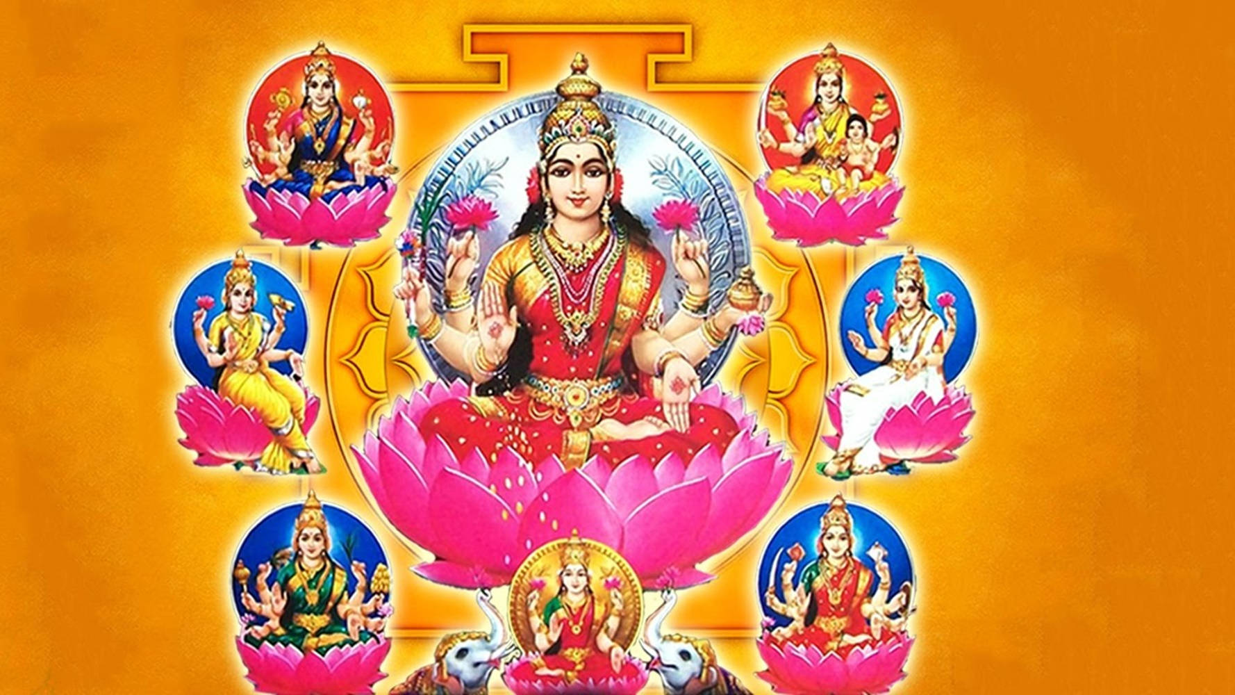 hindu iPhone 桌布 壁紙 — 一位光芒四射、多臂的印度教女神坐在粉紅蓮花上，周圍有八位神祇坐在蓮花上，背景為金色。