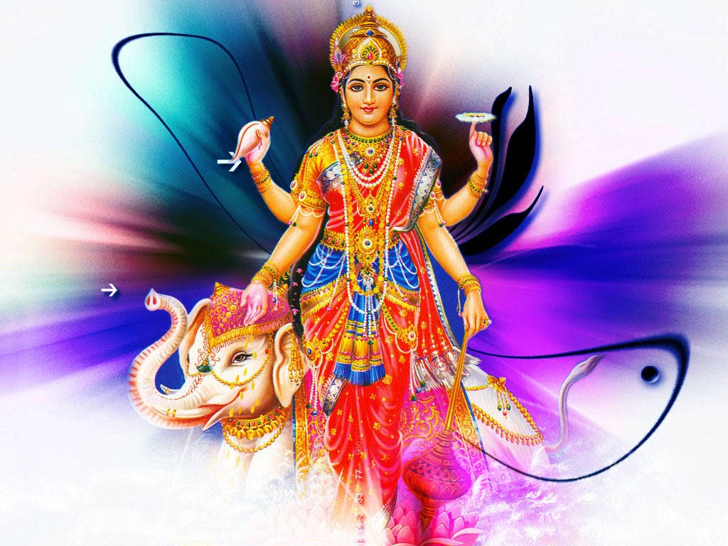 印度教女神騎著大象，背景是光芒四射的宇宙。 — 彩色動圖 壁紙