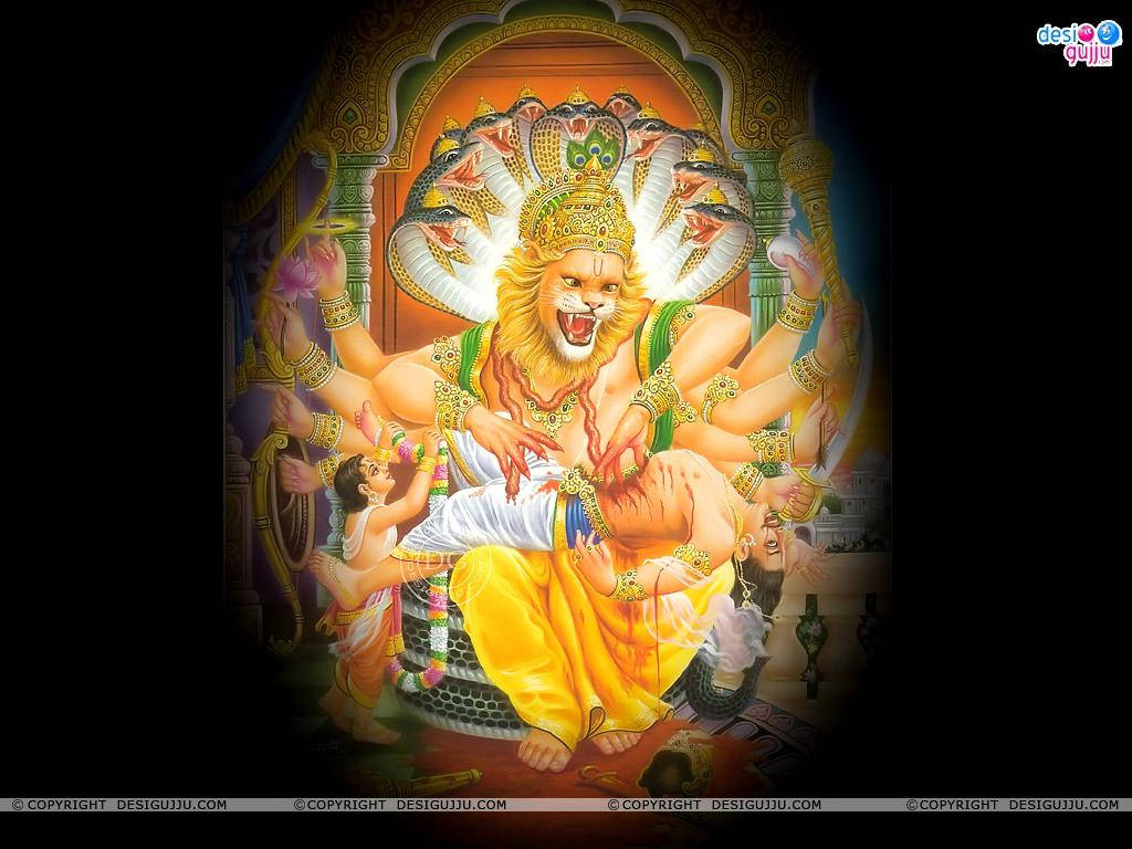 印度教神祇，擁有獅頭和蛇冠，坐在寶座上，周圍有信徒。