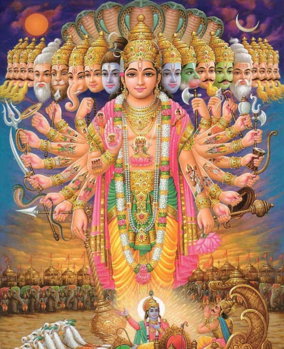 Vishnu 桌布 壁紙 — 一位光芒四射、多頭多臂的印度教神祇，飾有金色和粉紅色寶石，站在下方有大象和士兵的戰場之上。