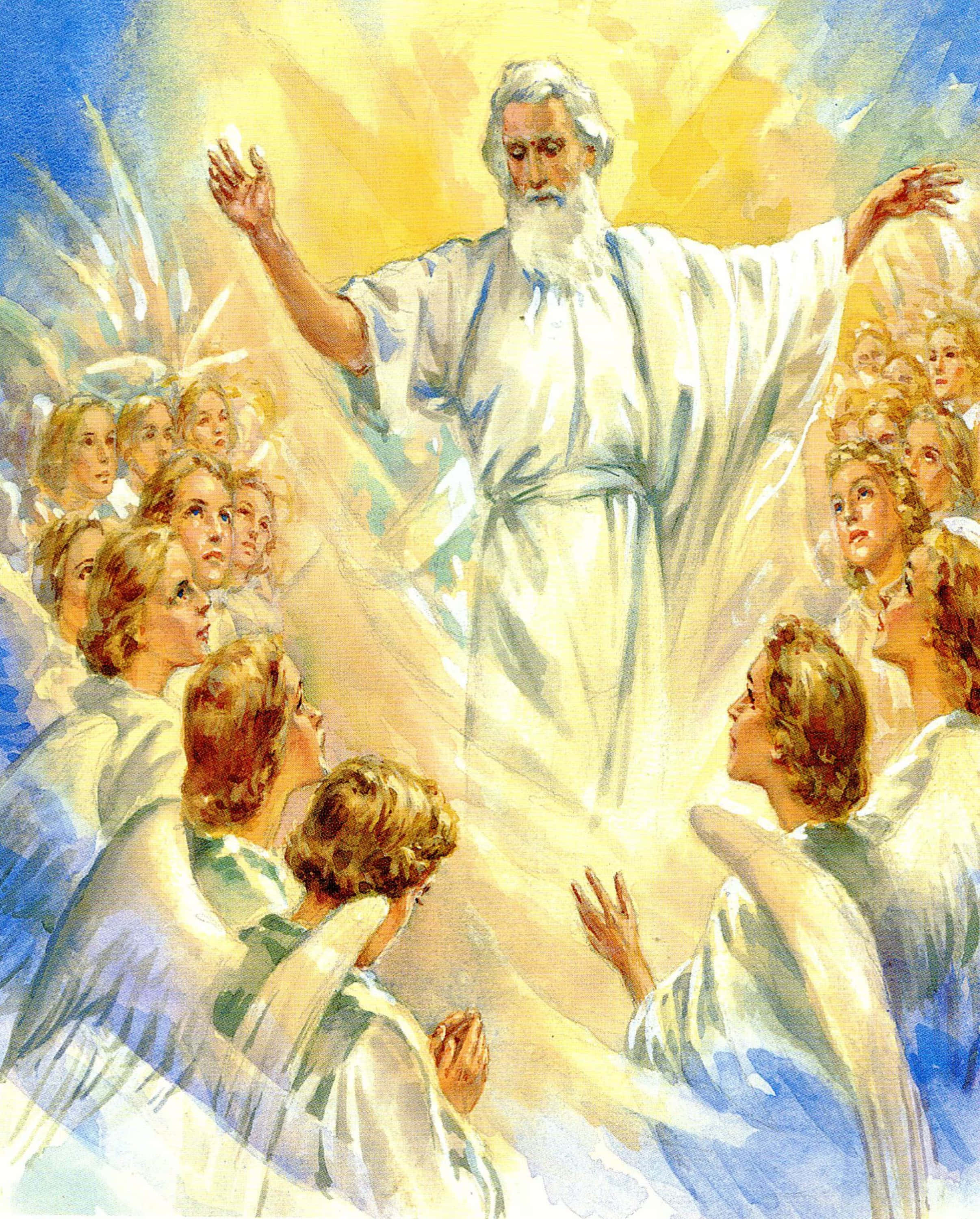Angels Of God 桌布 壁紙 — 一位光芒四射、留鬍鬚的人物身穿白袍，在一群天使般的存在上方高舉雙臂，呈現天堂場景。