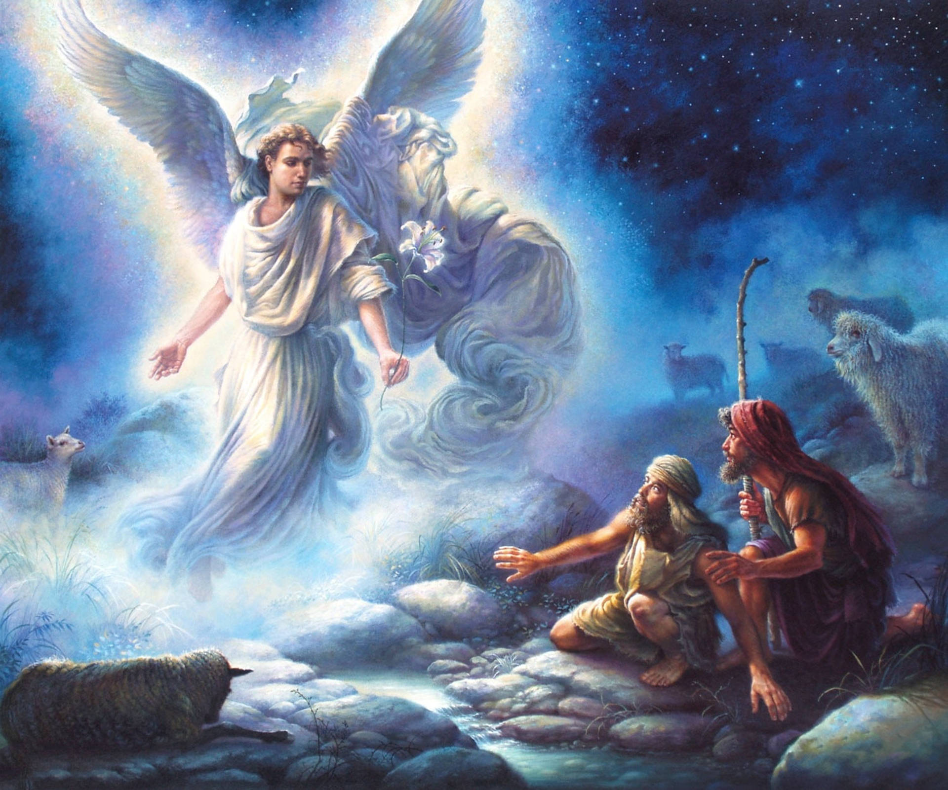 angels 桌布 壁紙 — 一位光芒四射、翅膀發光的天使降臨在繁星點點的夜晚，安慰在小溪邊照顧羊群的牧羊人。