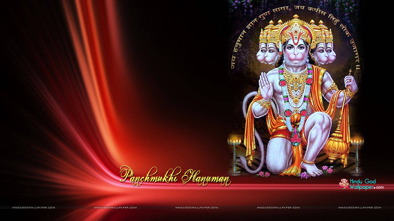 hanuman ji HD 桌布 壁紙 — 一位光芒四射的五面哈努曼神祇身著金色服飾，在黑暗背景中靜坐，伴隨著發光的紅色光條。