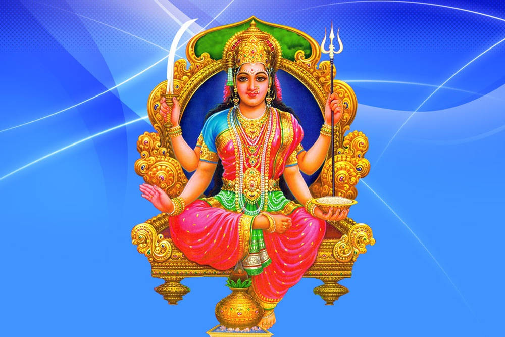 Goddess 桌布 壁紙 — 一位光芒四射的印度教女神，有四隻手臂，端莊地坐在金色寶座上，手持劍、三叉戟和碗，背景是充滿活力的藍色抽象圖案。