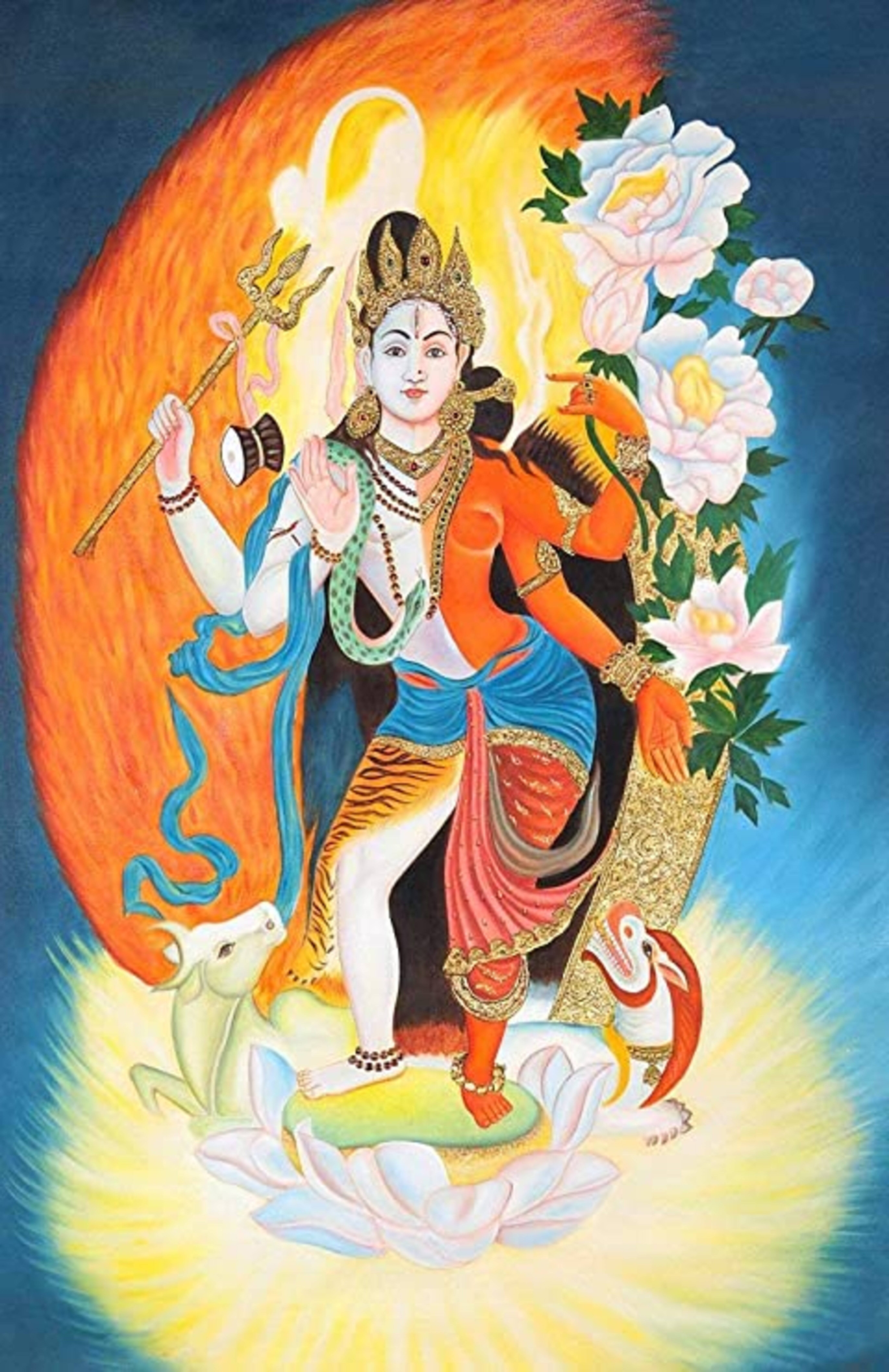 花 桌布 壁紙 — 一位光芒四射的印度教神祇，多臂，立於蓮花之上，手持三叉戟，周圍環繞著鮮花和神聖之光。