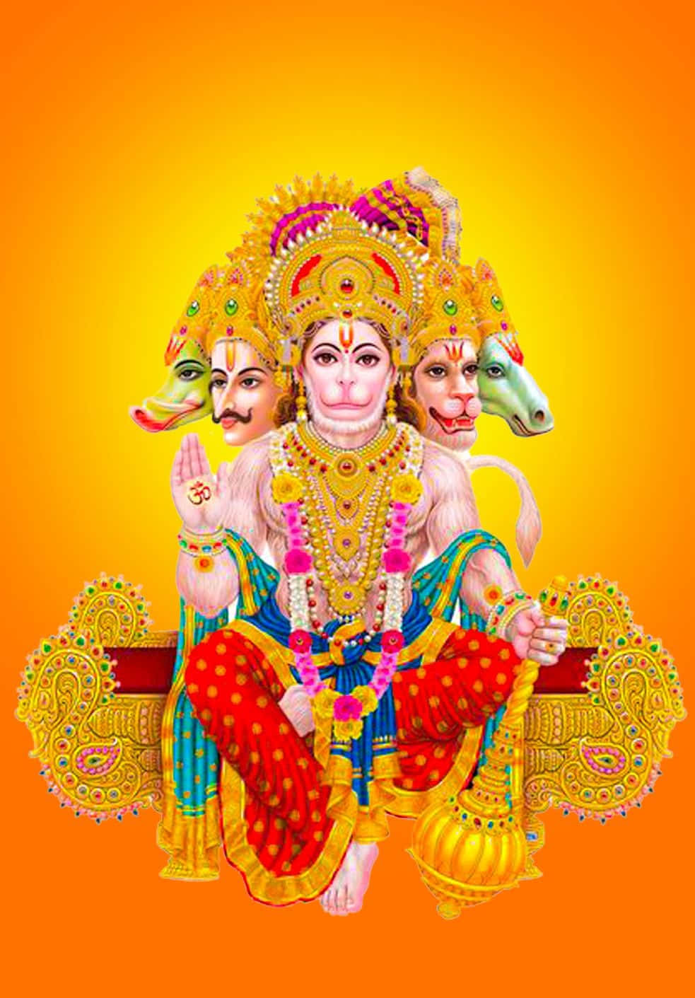 India 桌布 壁紙 — 一位光芒四射的印度教神祇，擁有四張臉龐，佩戴金色珠寶和色彩繽紛的服飾，莊嚴地坐在發光的橙色背景前。