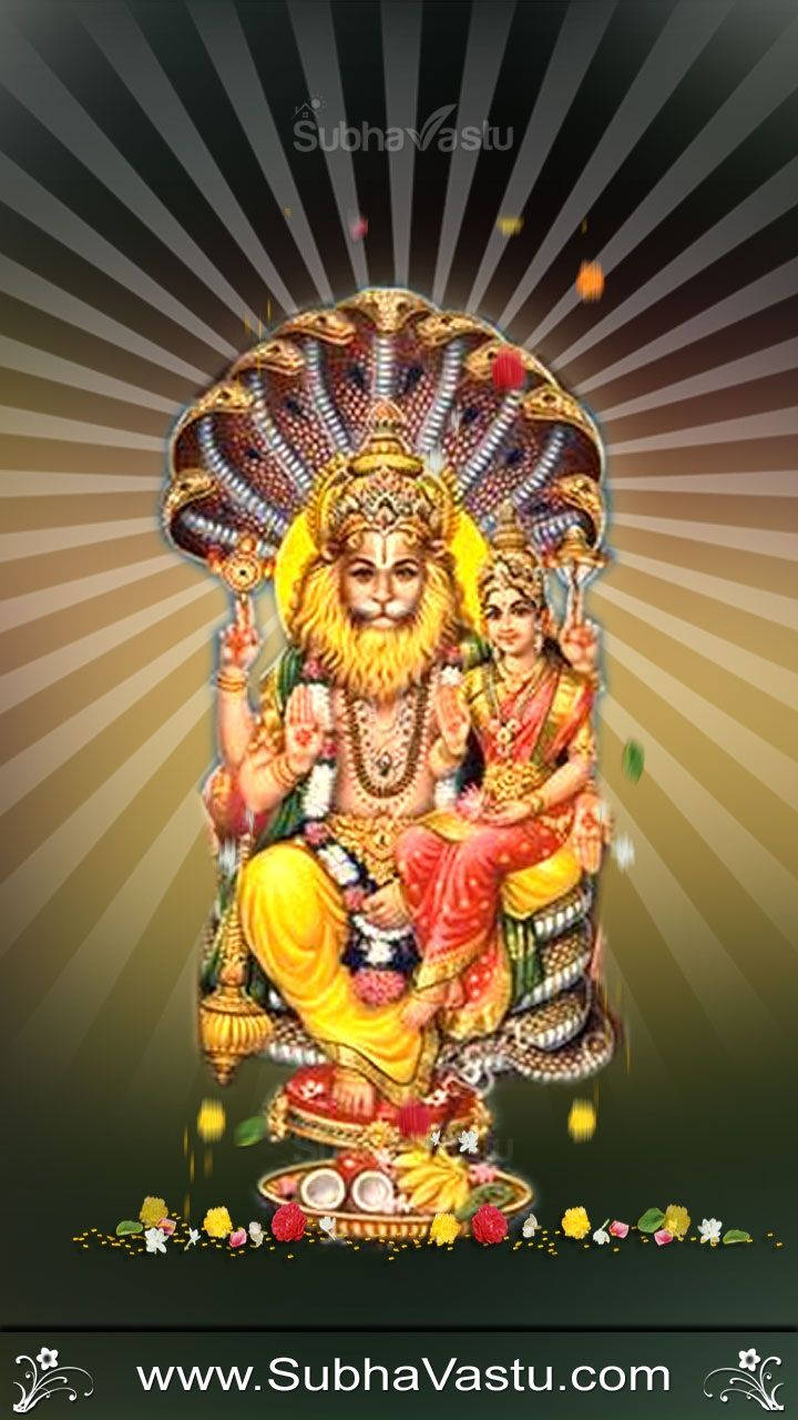 Indian 桌布 壁紙 — 一位光芒四射的印度教神祇，擁有獅子面孔和金色王冠，坐在寶座上，飾以珠寶，並被燦爛的太陽光環所環繞。