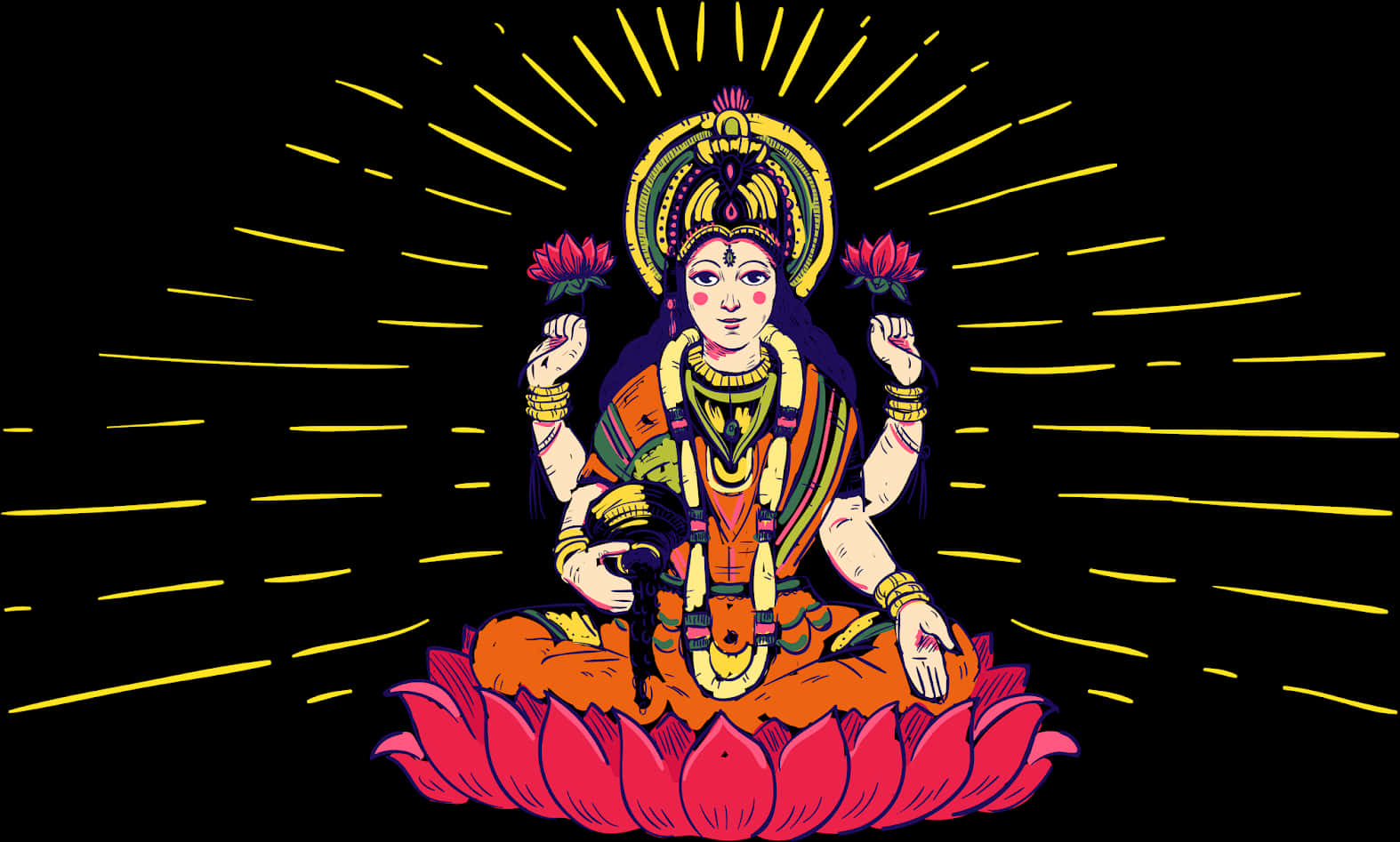 吉祥天女 桌布 壁紙 — 一位光芒四射的四臂印度教女神盤腿坐在粉紅色蓮花上，手持蓮花，背景為黑色並帶有黃色光芒。