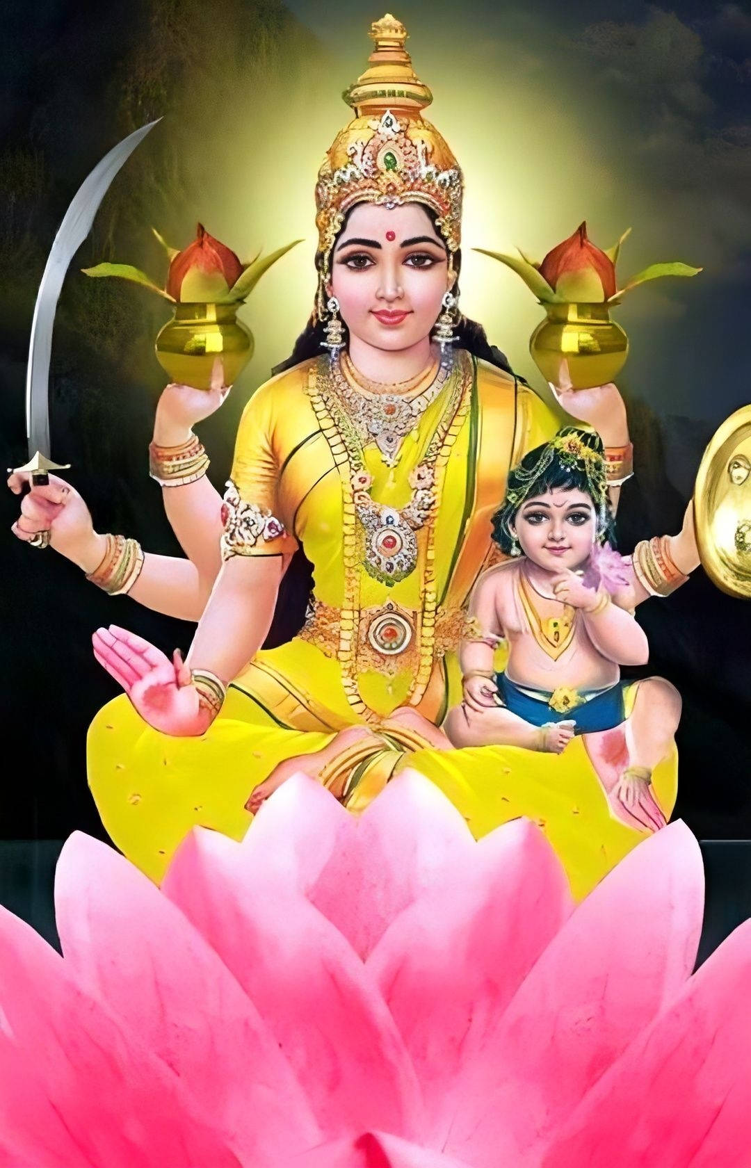 hindu iPhone 桌布 壁紙 — 一位光芒四射的四臂女神身穿金色服飾，坐在粉紅蓮花上，手持聖物，身旁有一個孩子。