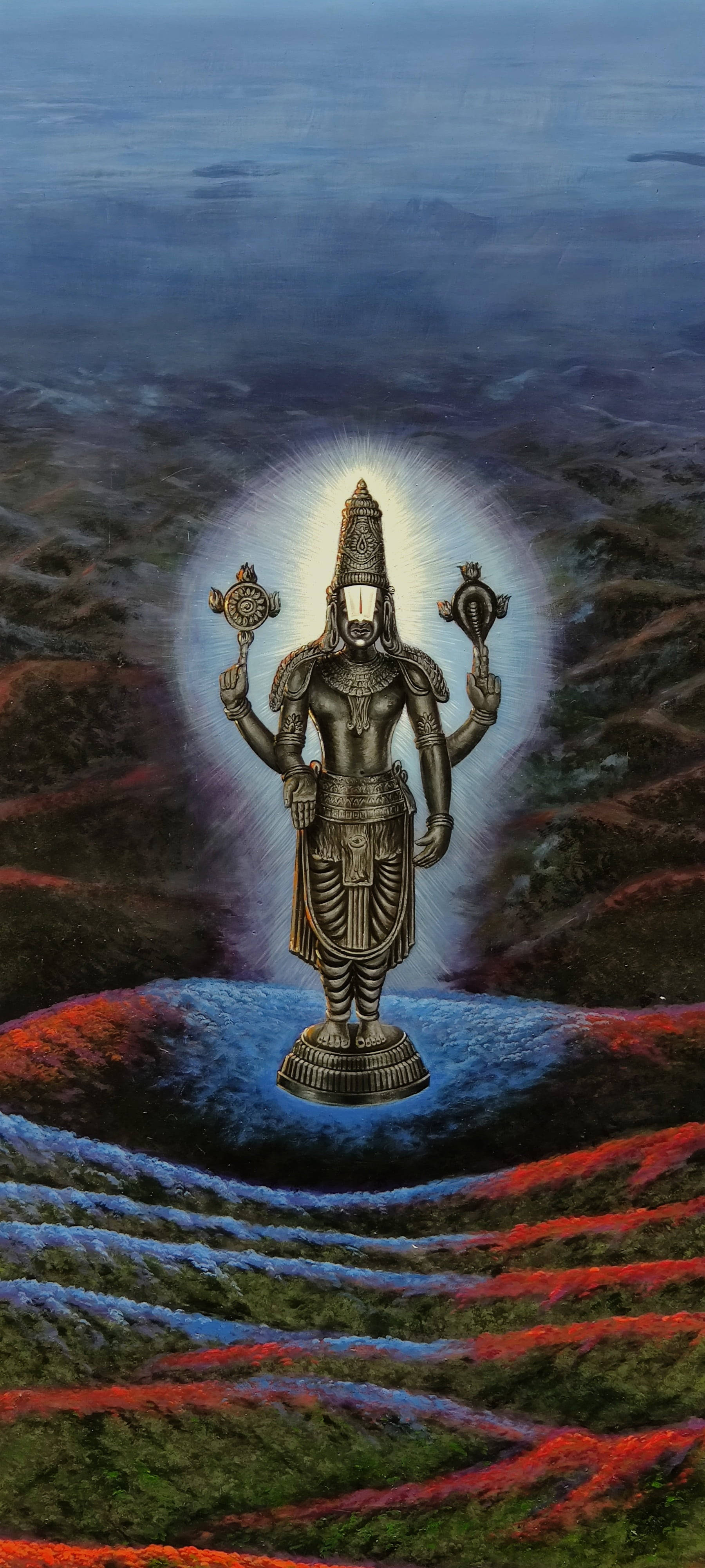 Vishnu 桌布 壁紙 — 一位光芒四射的四臂神祇站在發光的基座上，周圍是旋轉的紅色和藍色宇宙地形。