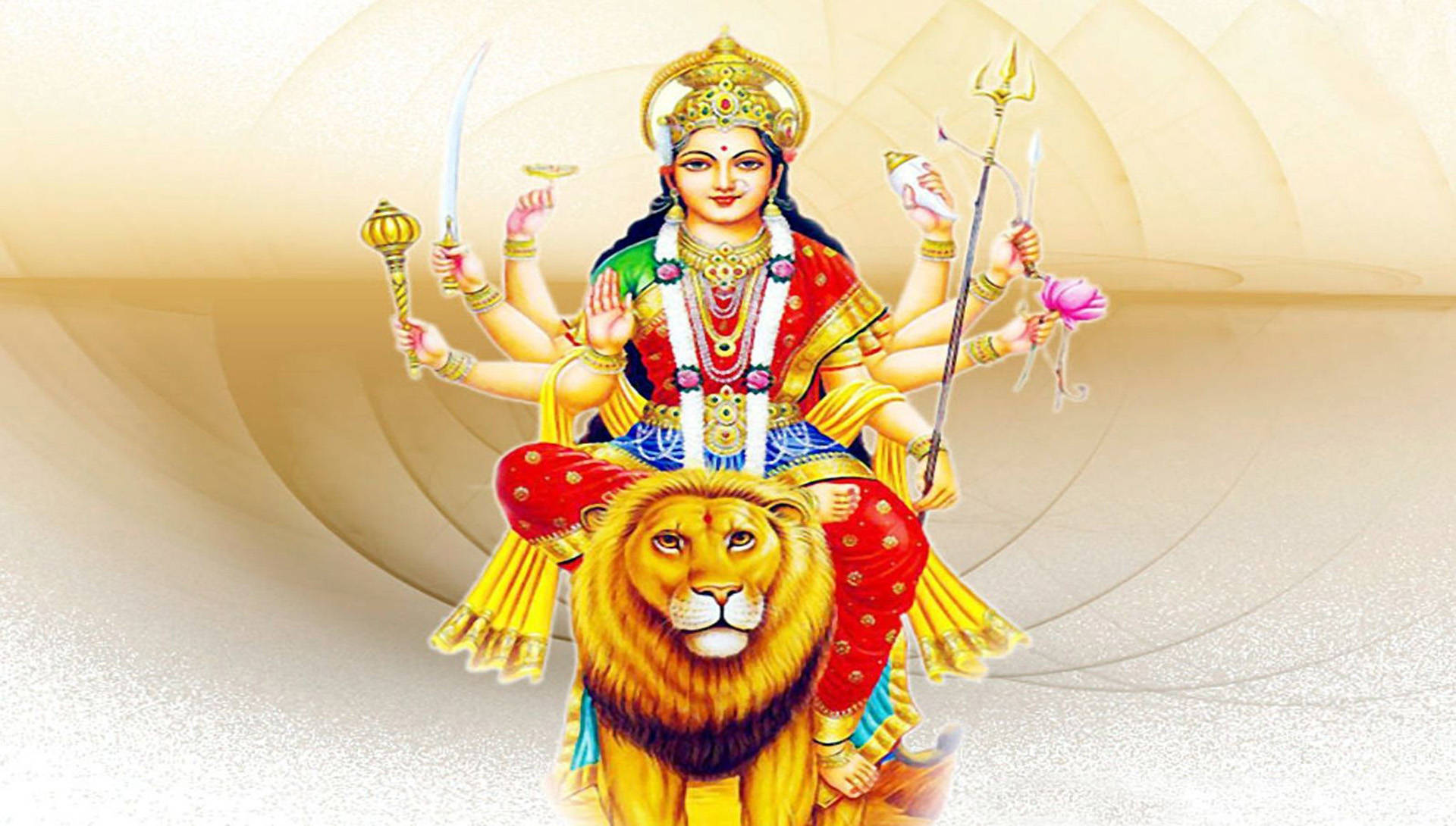 Indian 桌布 壁紙 — 一位光芒四射的多臂印度教女神騎著一頭雄偉的金獅，背景是柔和的米色漩渦。