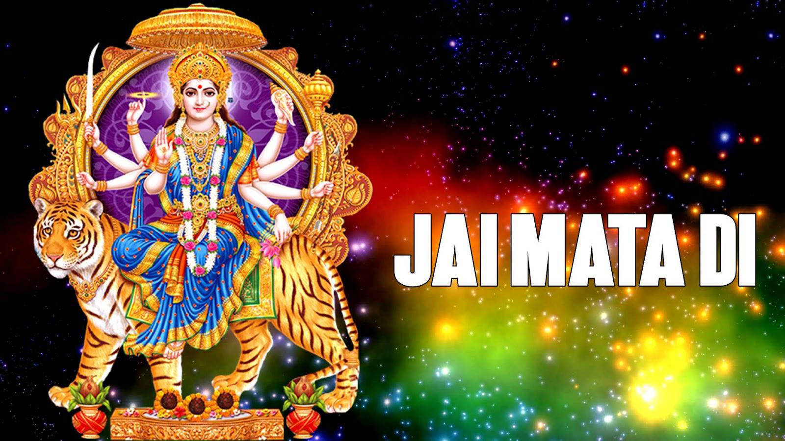 Indian 桌布 壁紙 — 一位光芒四射的多臂印度教女神騎著一頭金色老虎，背景是宇宙星空，有鮮豔的星雲和粗體文字。