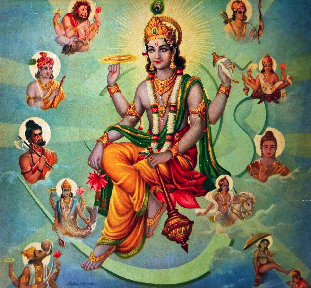 Indian 桌布 壁紙 — 一位光芒四射的多臂印度教神祇坐在新月上，被天界眾生環繞，呈現出充滿活力的神聖場景。