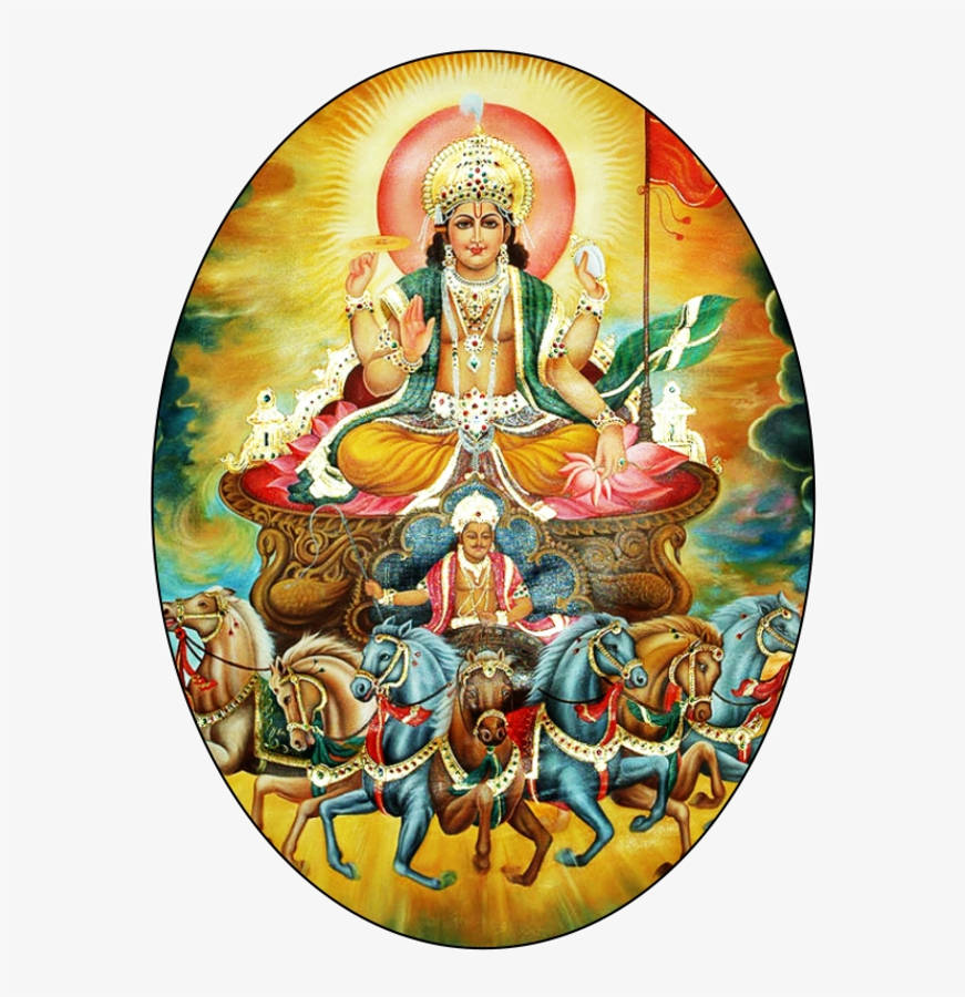 神 桌布 壁紙 — 一位光芒四射的多臂印度教神祇坐在由七匹裝飾馬匹拉動的戰車上，背景是閃耀的天界。