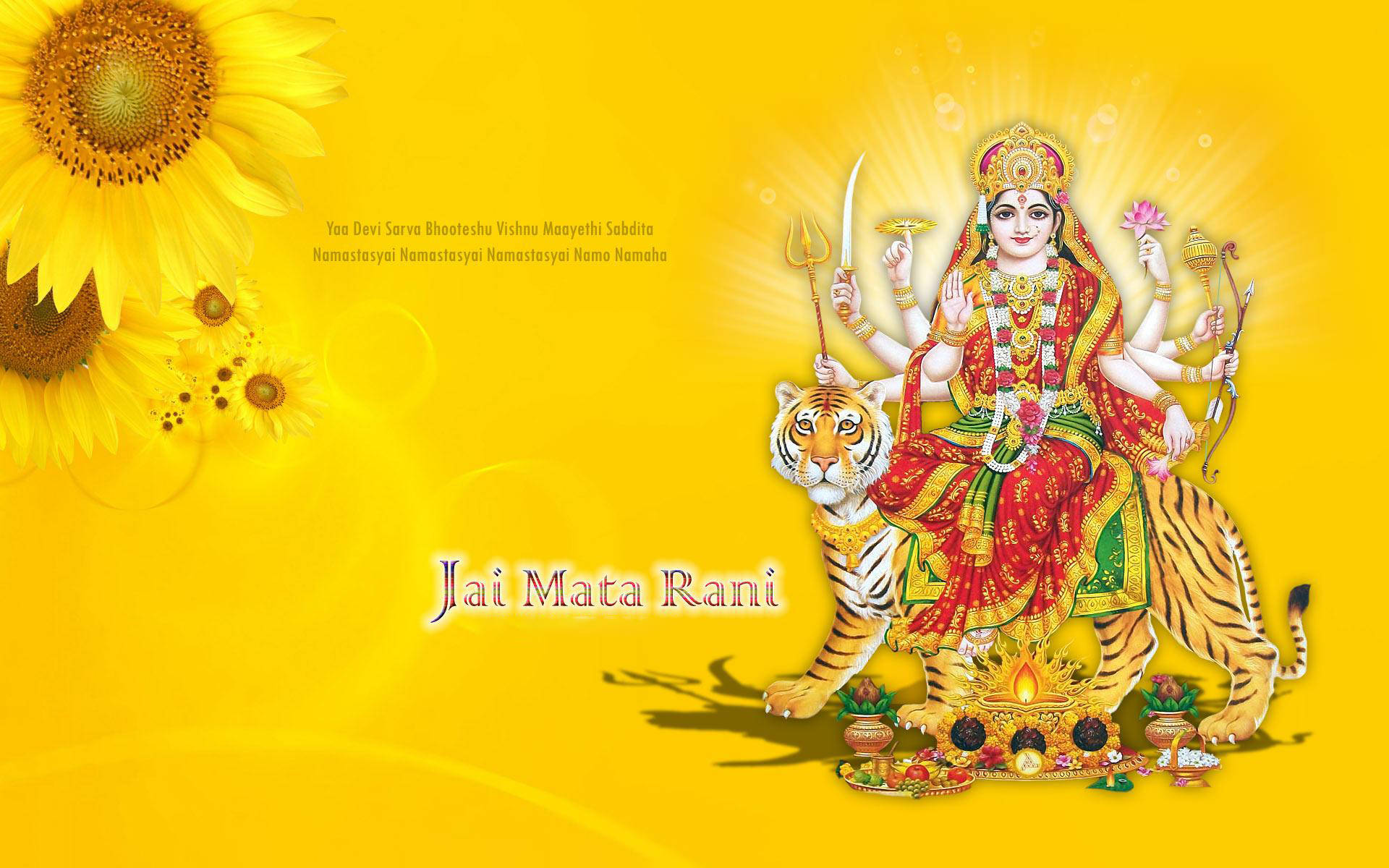 Mata Rani 桌布 壁紙 — 一位光芒四射的多臂女神騎著老虎，背景是金黃色，帶有向日葵和虔誠文字。