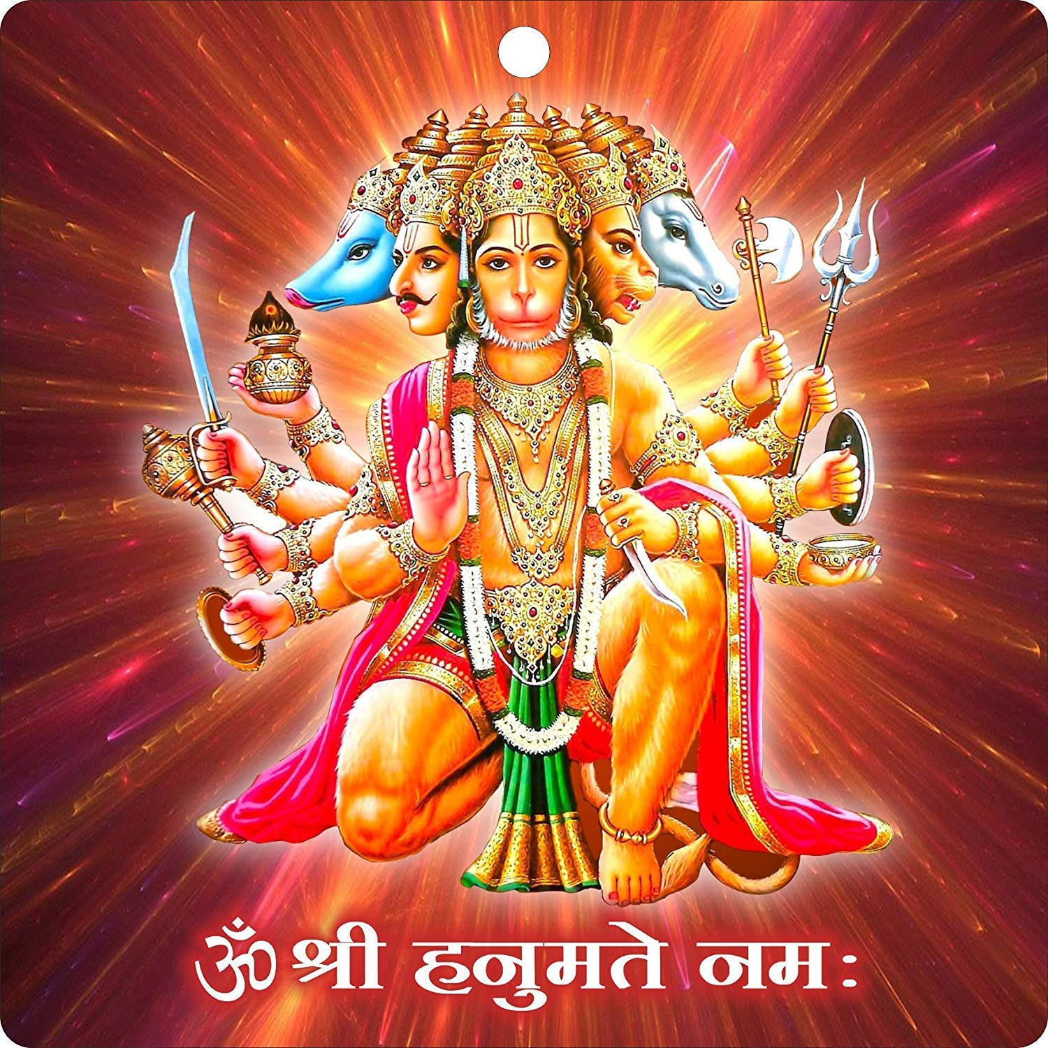 hanuman art 桌布 壁紙 — 一位光芒四射的多頭多臂印度教神祇，手持神聖武器和物品，坐在熾熱的宇宙背景前。