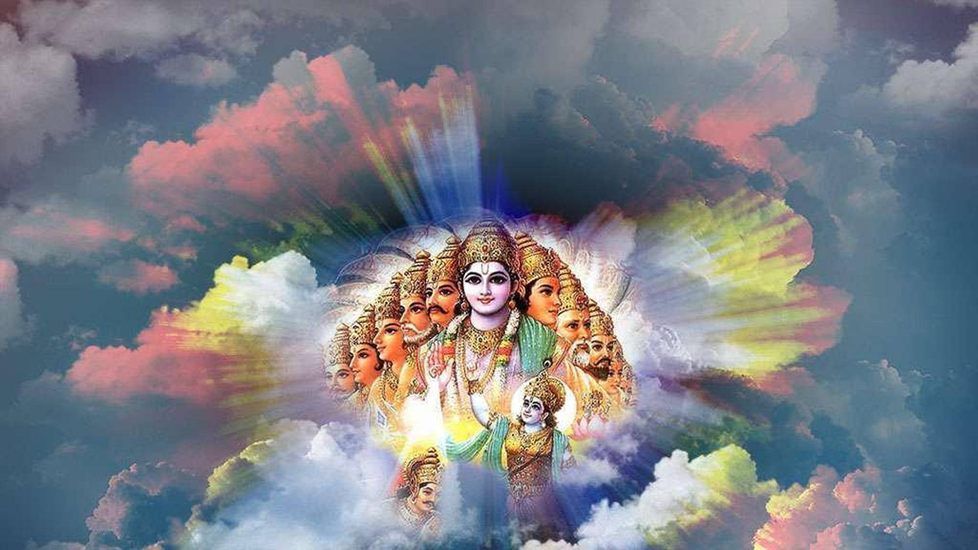 Shri Krishna 桌布 壁紙 — 一位光芒四射的多頭神祇從色彩繽紛的雲層中顯現，神聖的光芒在戲劇性的天空下向外迸發。