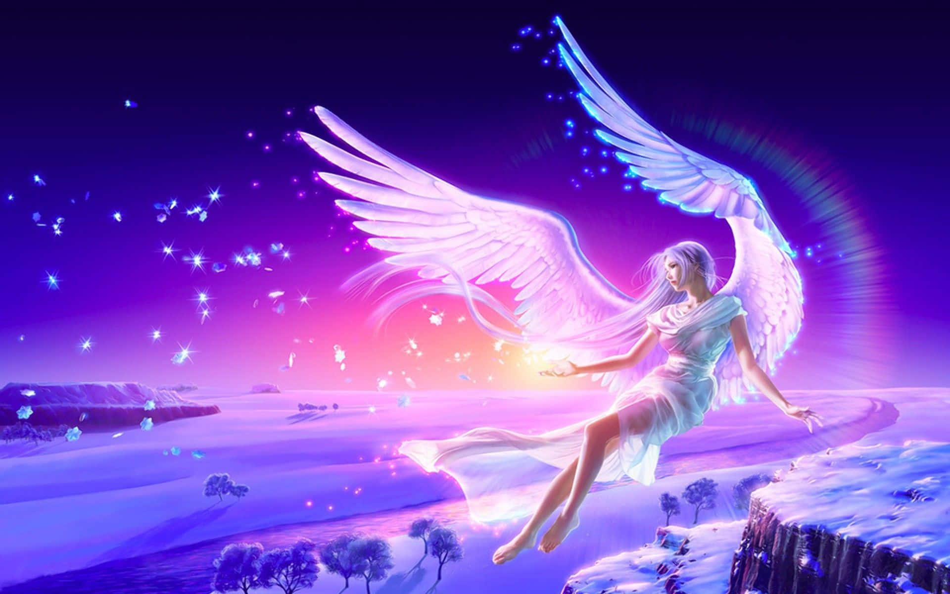 Angel Wings 桌布 壁紙 — 一位光芒四射的天使，擁有發光的翅膀，漂浮在雪覆蓋的懸崖上，星空暮色天空下。