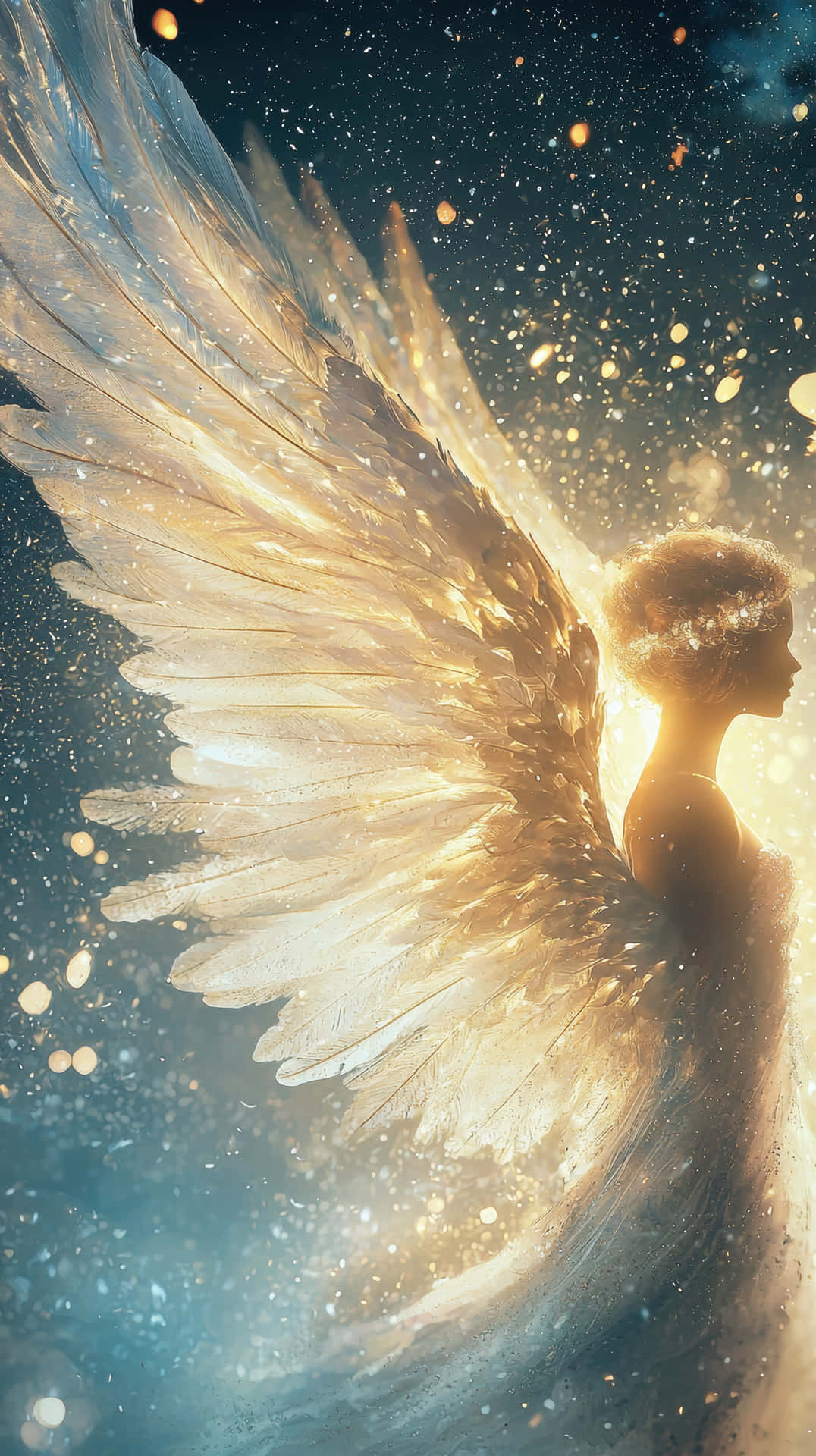 Ethereal Angel with Glowing Golden Wings in Celestial Light 壁紙 — 一位光芒四射的天使，擁有發光的金色翅膀，在繁星點點的宇宙背景下展開，發光的粒子圍繞其輪廓旋轉。