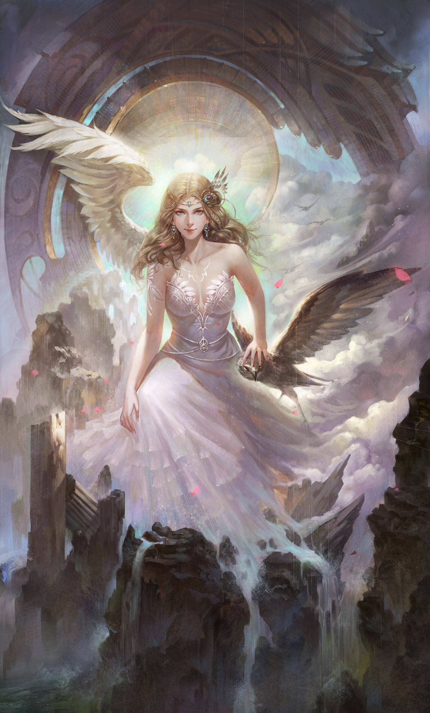 Princess 桌布 壁紙 — 一位光芒四射的天使，擁有白色翅膀和發光的光環，站在廢墟上，在暴風雨的天空下握著一隻烏鴉。