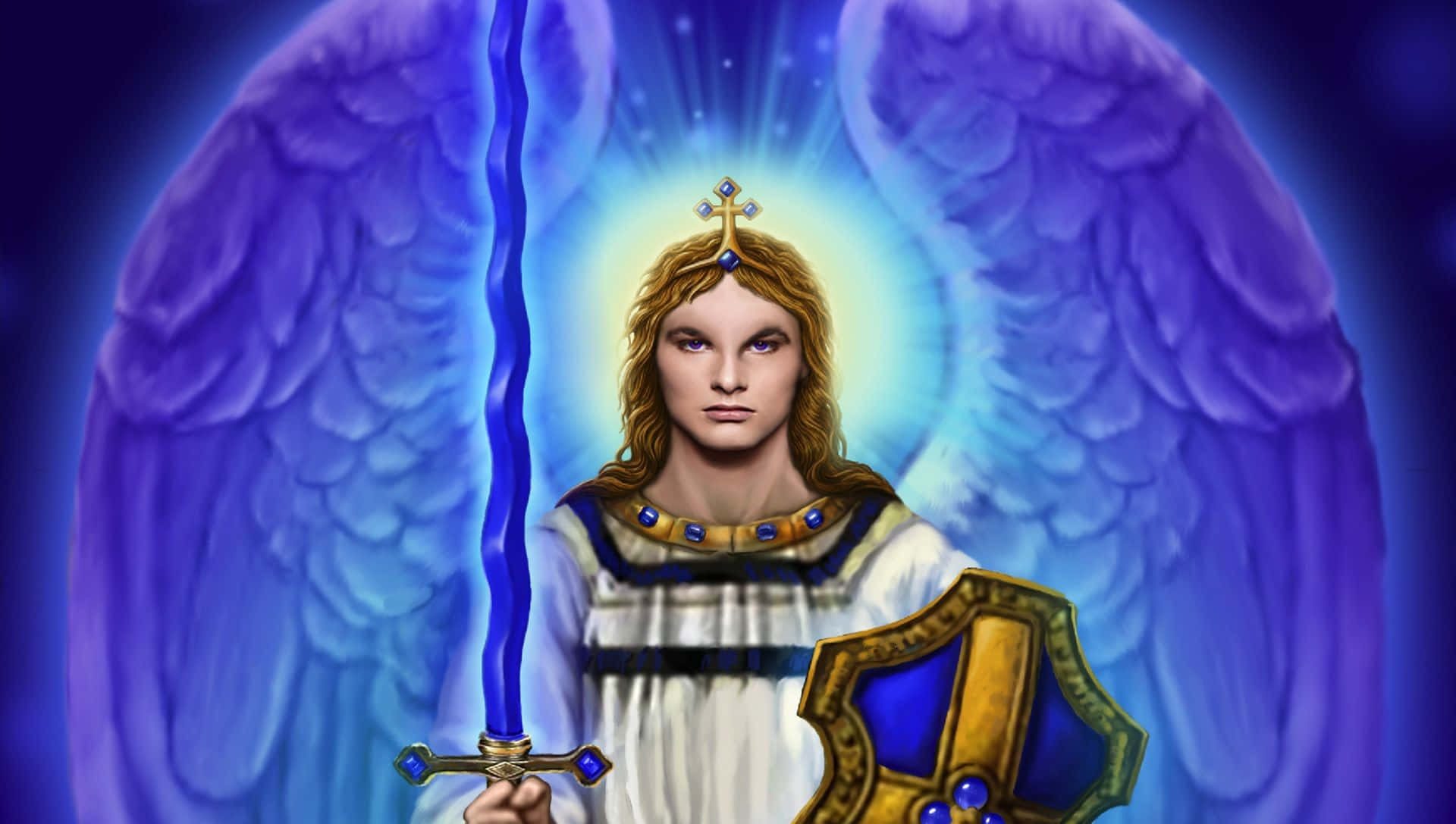 Saint Michael 桌布 壁紙 — 一位光芒四射的天使，擁有紫色翅膀，手持發光的藍色劍和盾牌，背景是宇宙藍色。