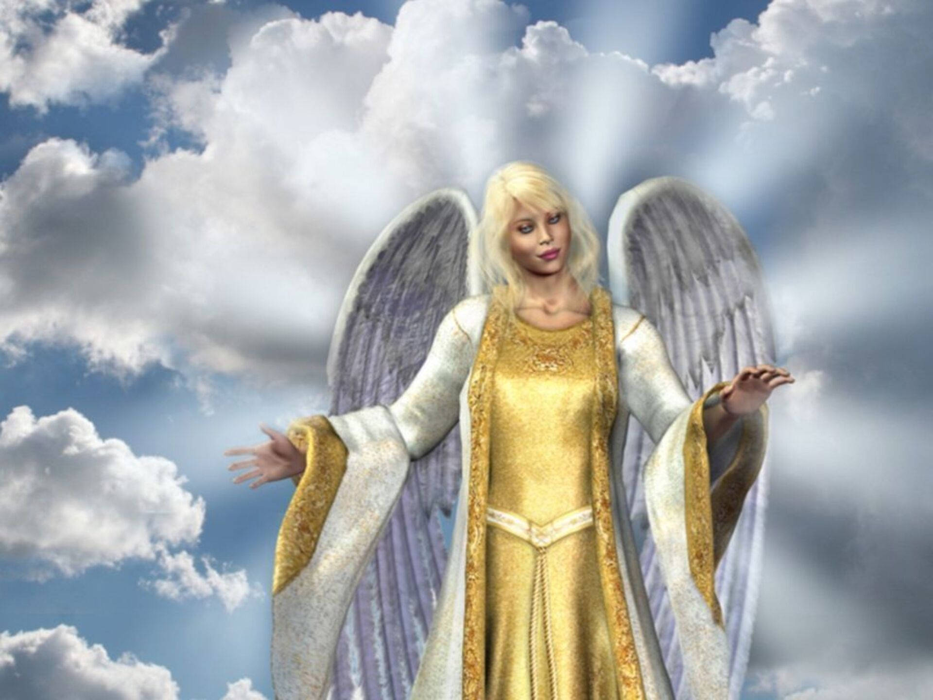 angels 桌布 壁紙 — 一位光芒四射的天使，身穿金色長袍，長著巨大的羽毛翅膀，站在蓬鬆的白雲中，在明亮的藍天下。