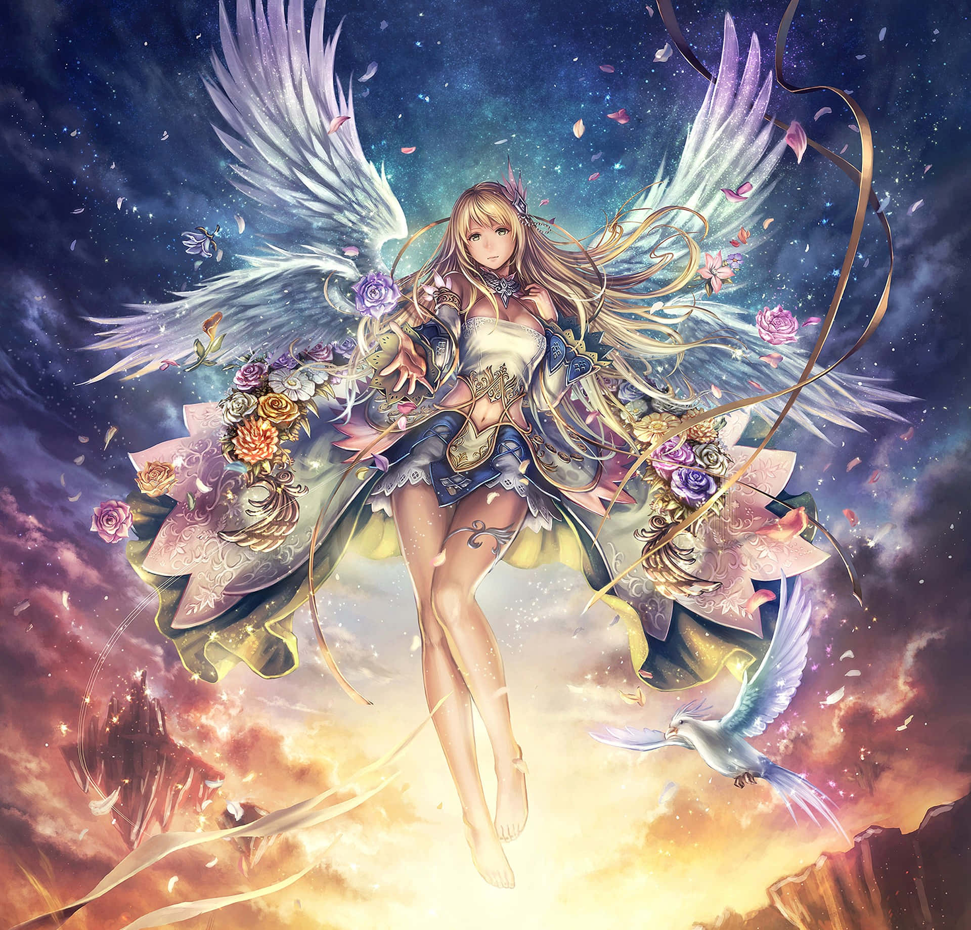 angels 桌布 壁紙 — 一位光芒四射的天使女孩，擁有飄逸的金色長髮和巨大的白色翅膀，漂浮在落花和宇宙雲層之中。