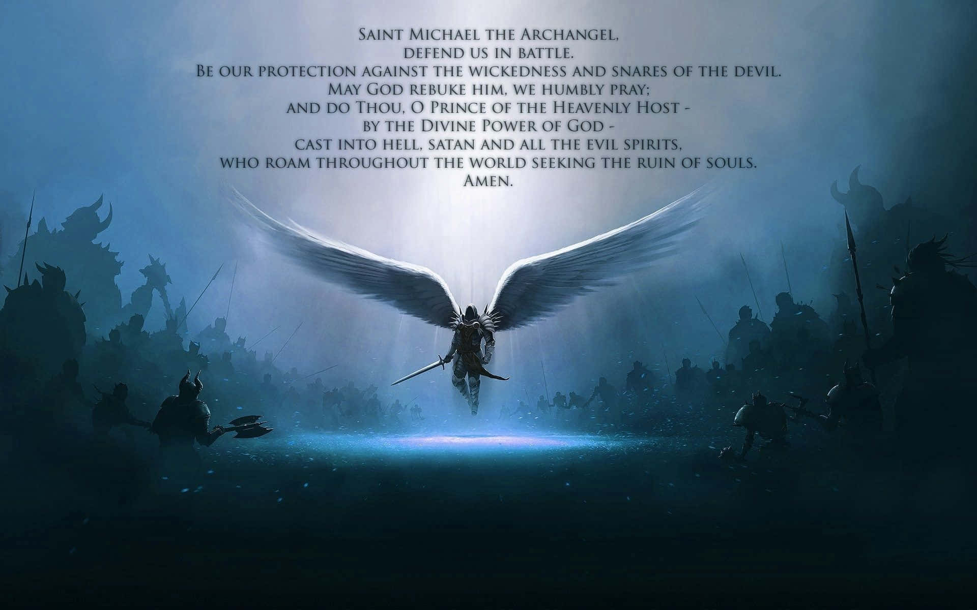 Saint Michael 桌布 壁紙 — 一位光芒四射的天使展開翅膀，站在發光的平台上，在神秘戰鬥場景中與黑暗軍隊形成剪影。