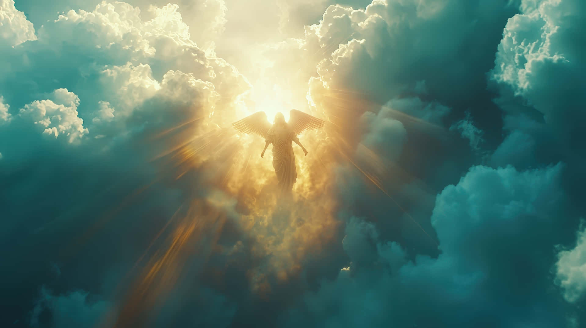 Angel Ascending in Glowing Light Among the Clouds in a Heavenly Scene 壁紙 — 一位光芒四射的天使展開翅膀翱翔於戲劇性的雲層中，金色陽光從背後迸發而出。