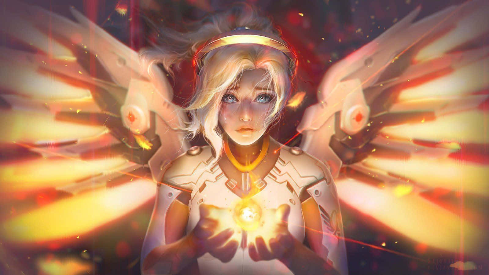Mercy Overwatch 桌布 壁紙 — 一位光芒四射的天使形象，擁有發光的翅膀和手中發光的球體，被火焰般的光芒和火花包圍。