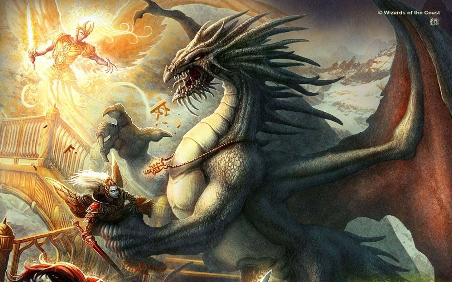 Dragons 桌布 壁紙 — 一位光芒四射的天使戰士，在暴風雨的天空下，於一座 crumbling 石橋上與一隻巨大的尖刺龍交戰。