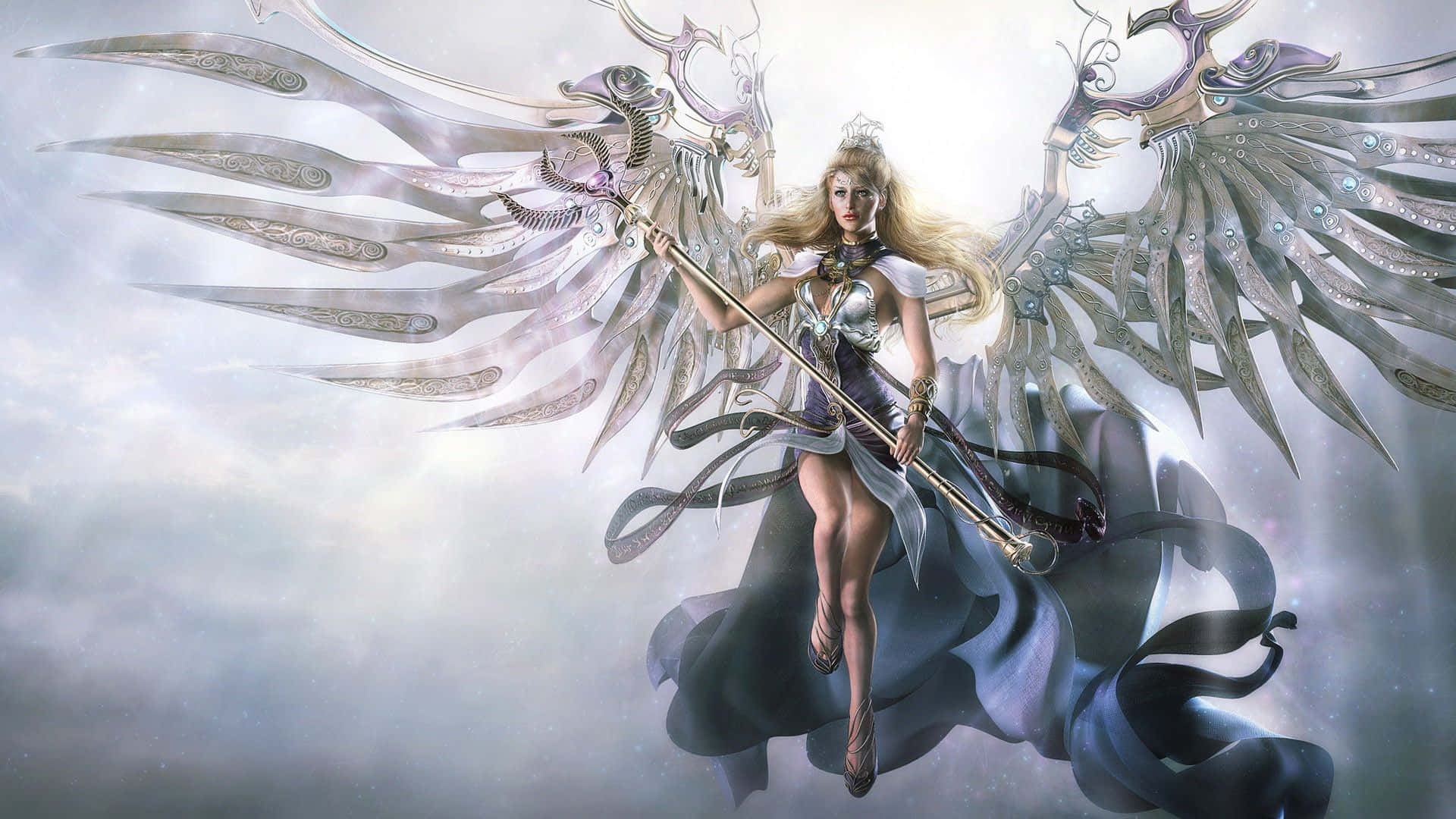 angels 桌布 壁紙 — 一位光芒四射的天使戰士，擁有華麗的銀色翅膀和發光的法杖，漂浮在神聖天空中旋轉的雲層之間。