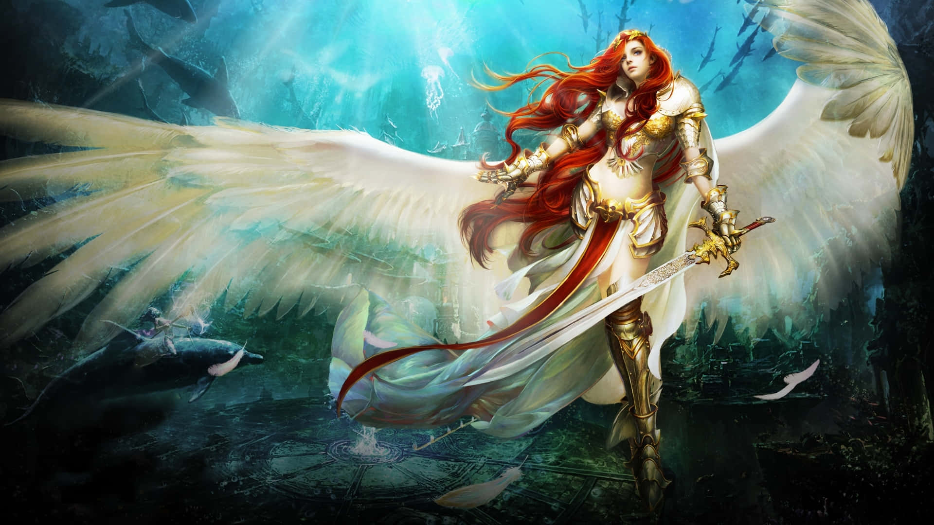 Angel Wings 桌布 壁紙 — 一位光芒四射的天使戰士，擁有飄逸的紅髮和金色盔甲，在發光的藍光和漂浮的羽毛中持劍擺好姿勢。