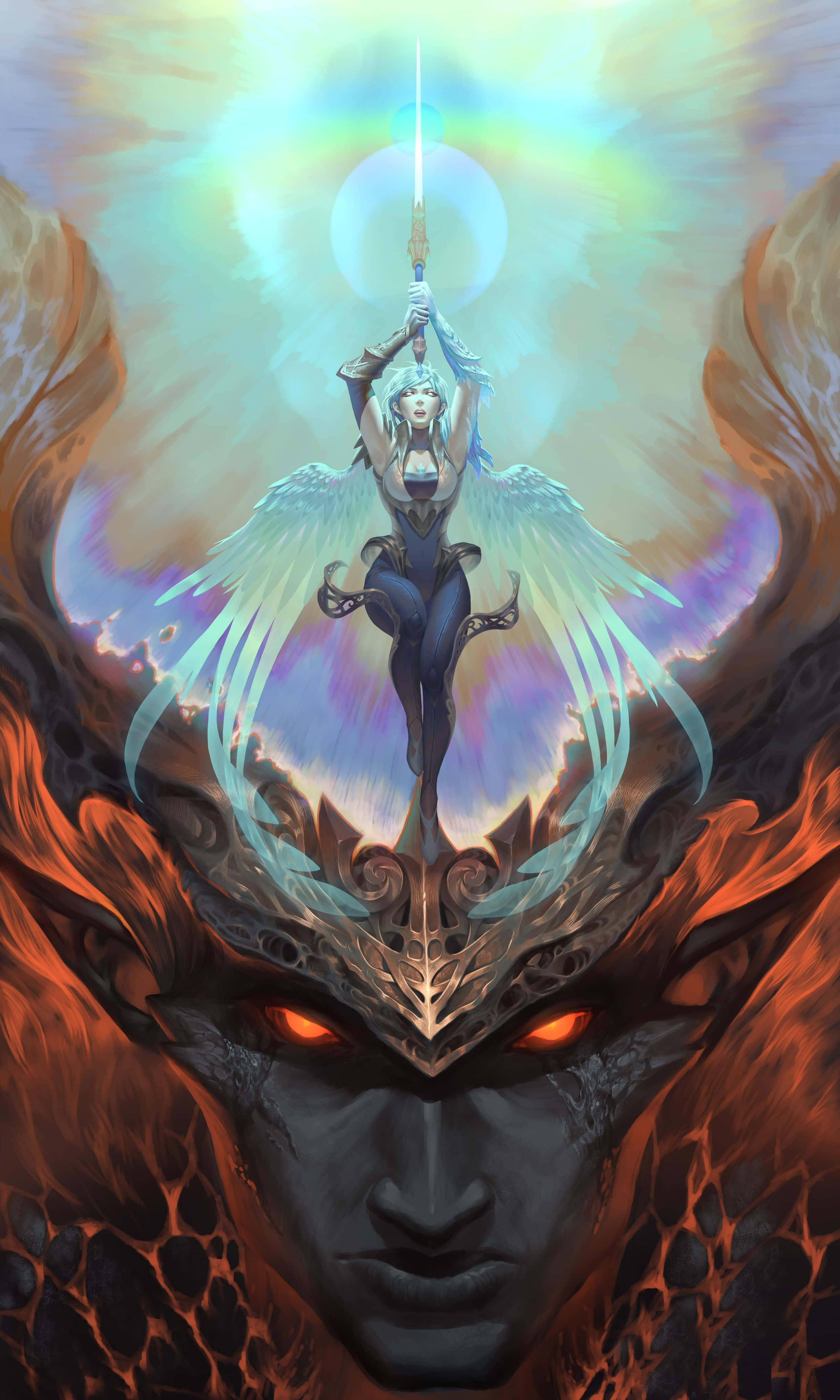 League Of Legends Phone 桌布 壁紙 — 一位光芒四射的天使戰士站在惡魔的臉上，手持發光的劍，背景是宇宙。