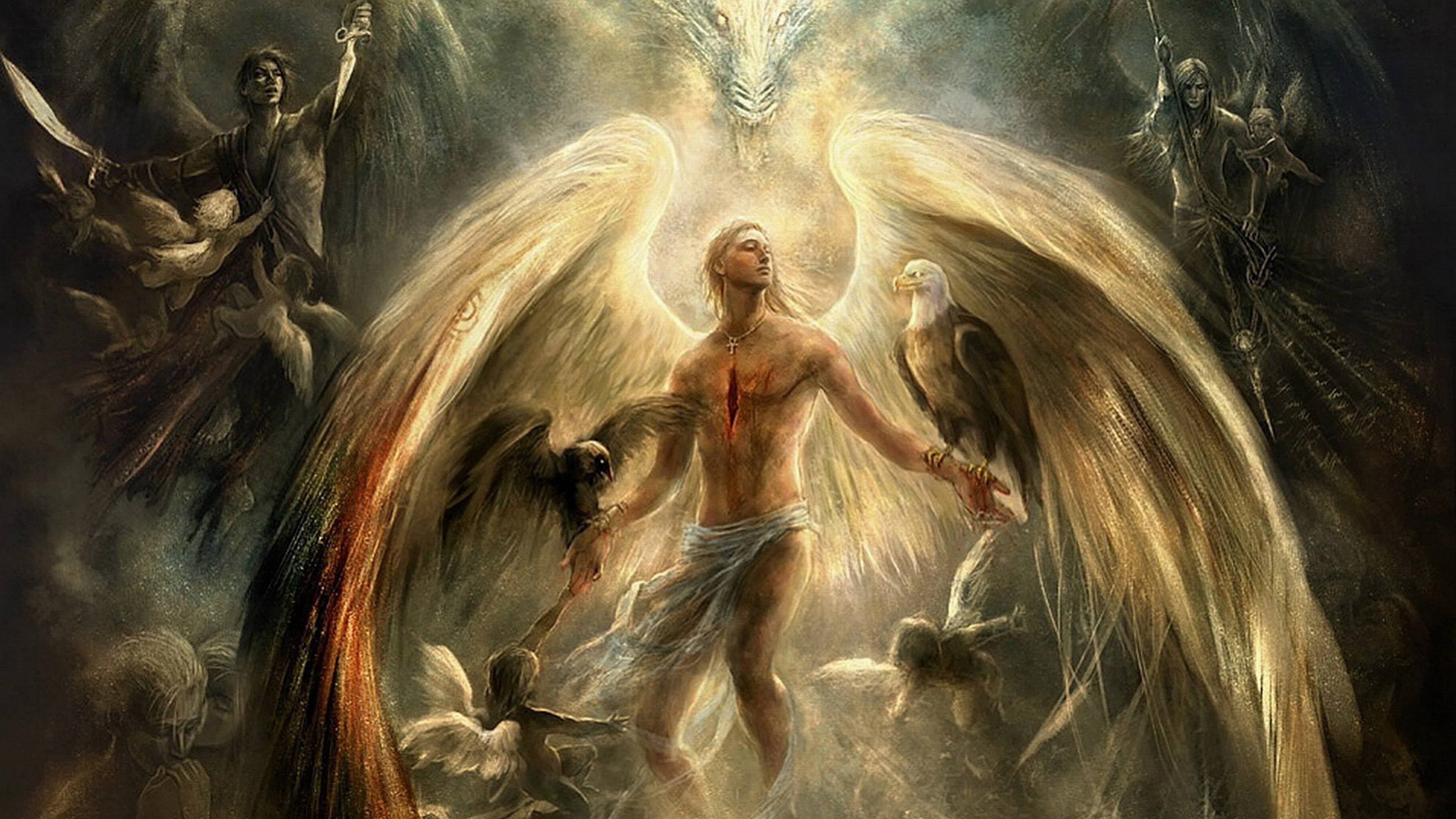 angels 桌布 壁紙 — 一位光芒四射的天使擁有巨大的金色翅膀，站立在中央，兩側有戰士和鳥類，在黑暗風暴的背景中閃耀。