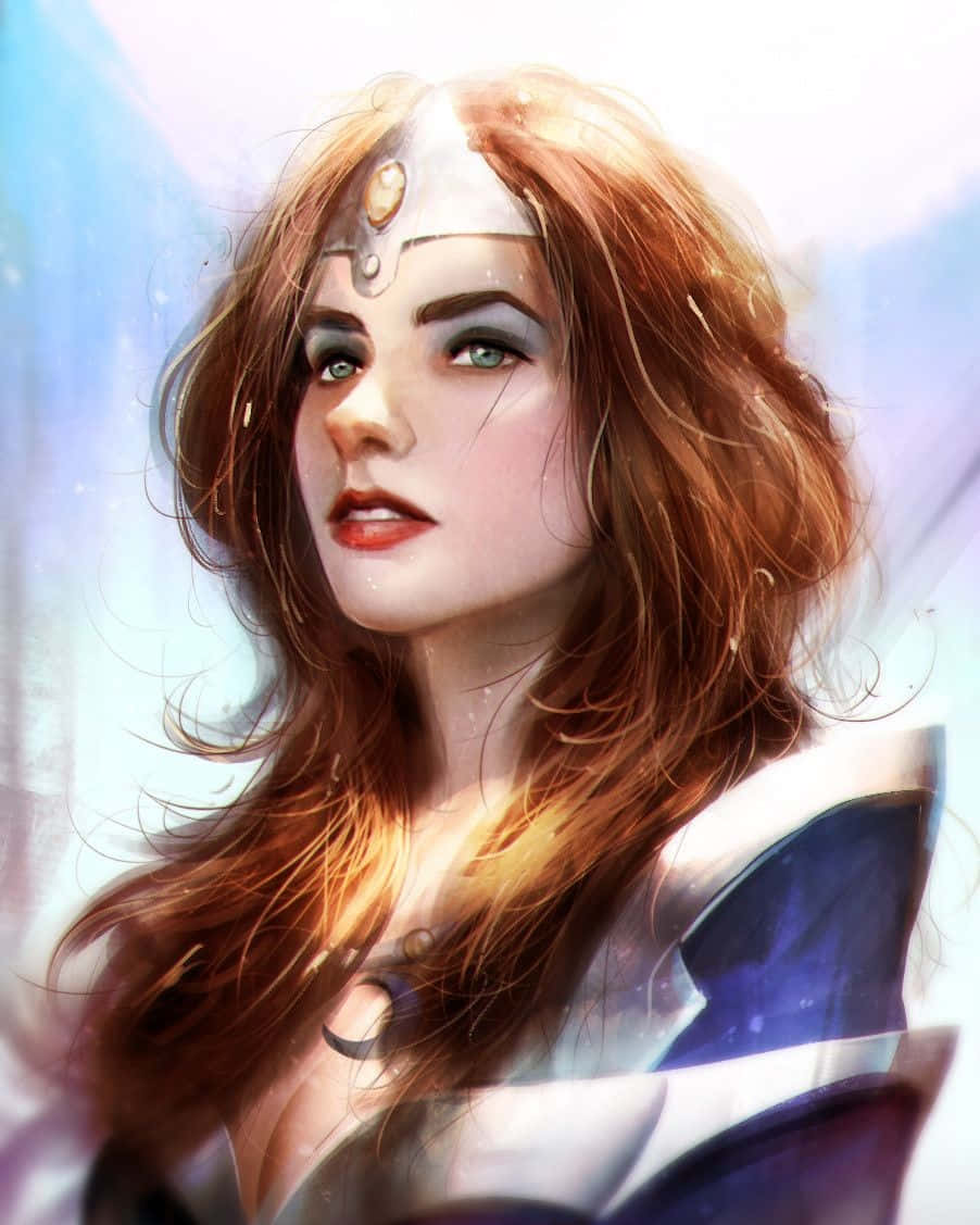 Mirana 桌布 壁紙 — 一位光芒四射的女戰士，擁有飄逸的赤褐色頭髮和銀色頭飾，在柔和發光的背景下向上凝視。