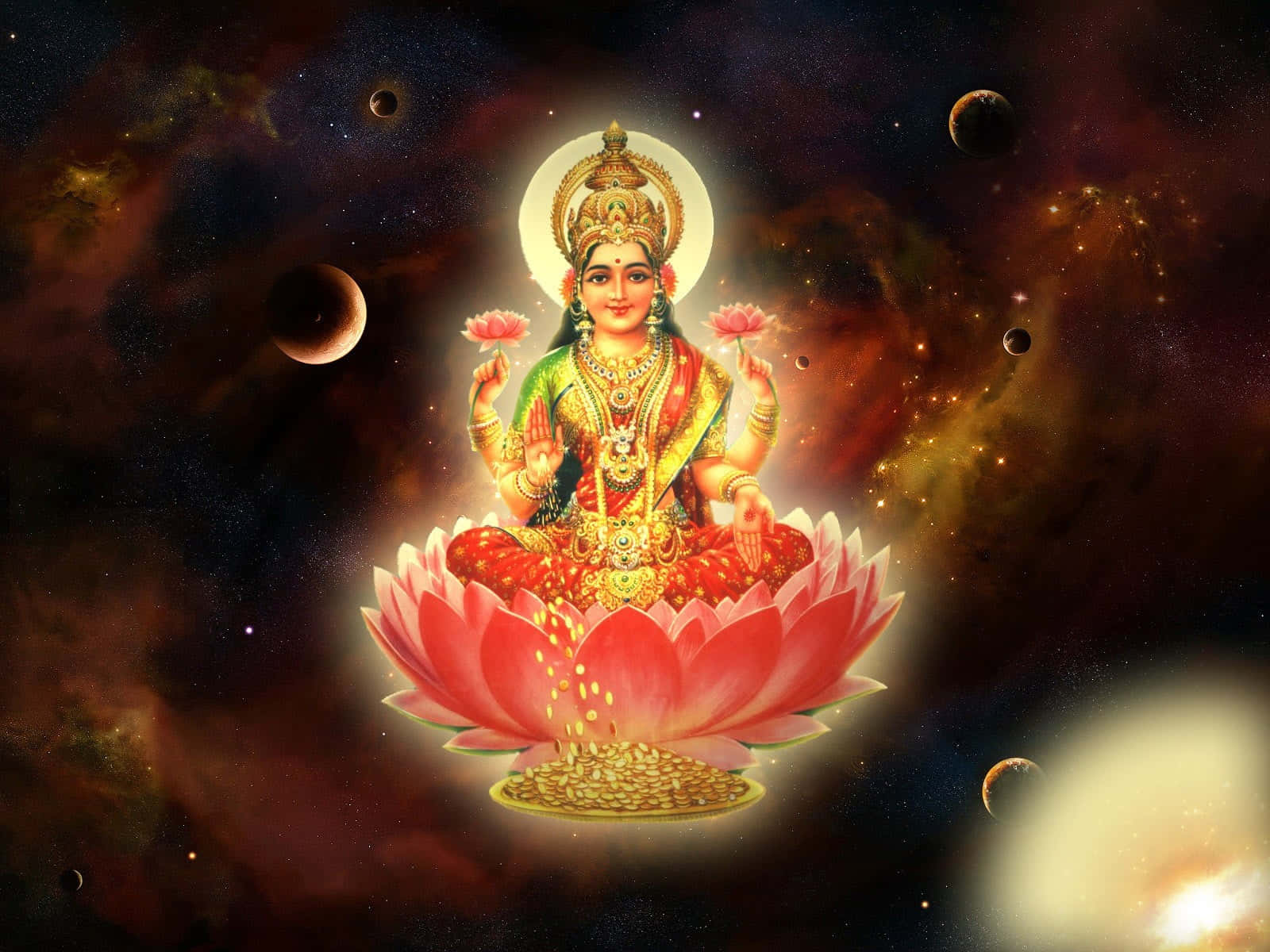  壁紙 — 一位光芒四射的女神坐在發光的粉紅色蓮花上，身處宇宙星雲中，周圍環繞著漂浮的行星和星星。