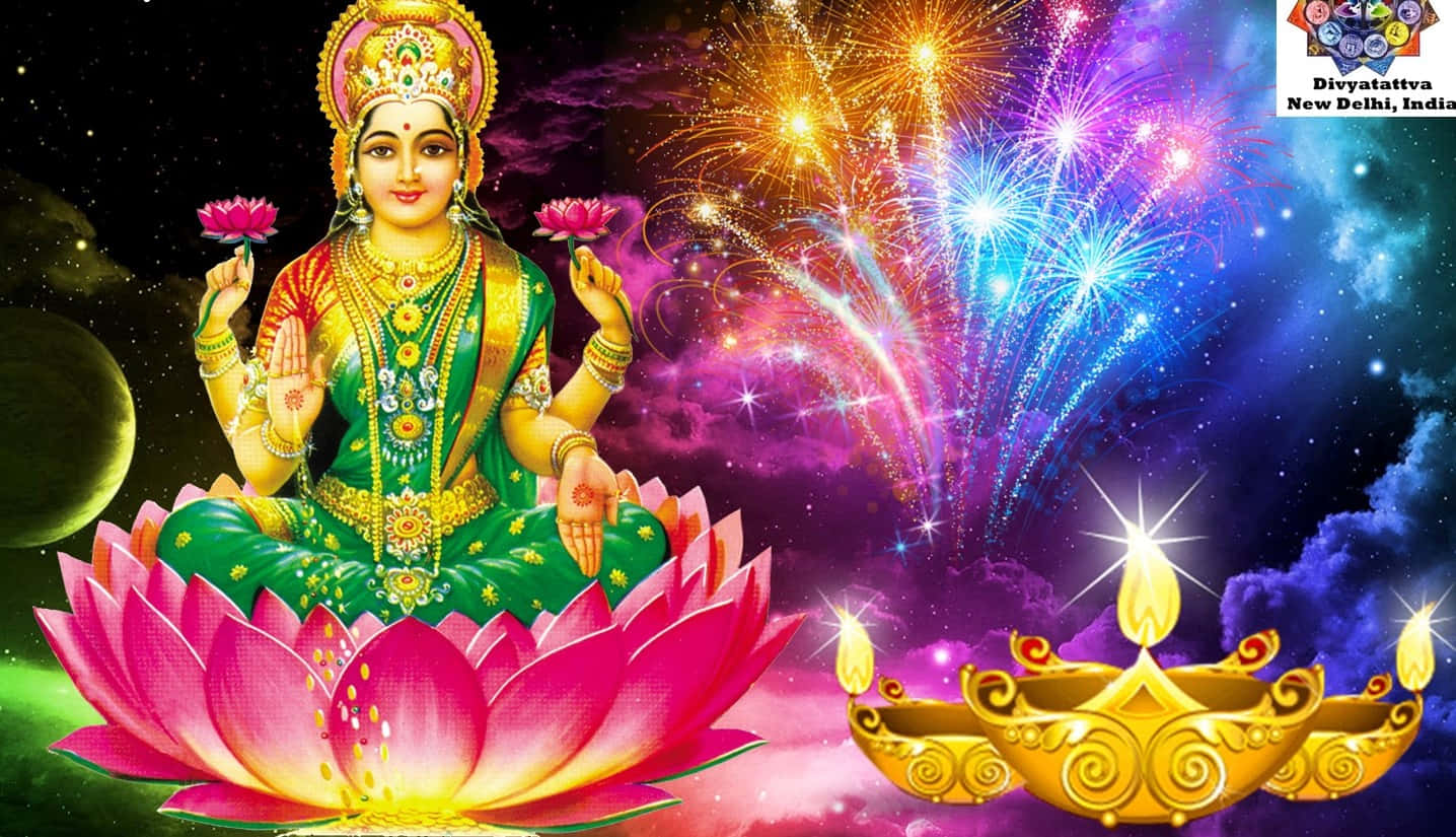 Hindi 桌布 壁紙 — 一位光芒四射的女神坐在粉紅蓮花上，在宇宙天空下，煙火綻放，金色迪亞閃耀。