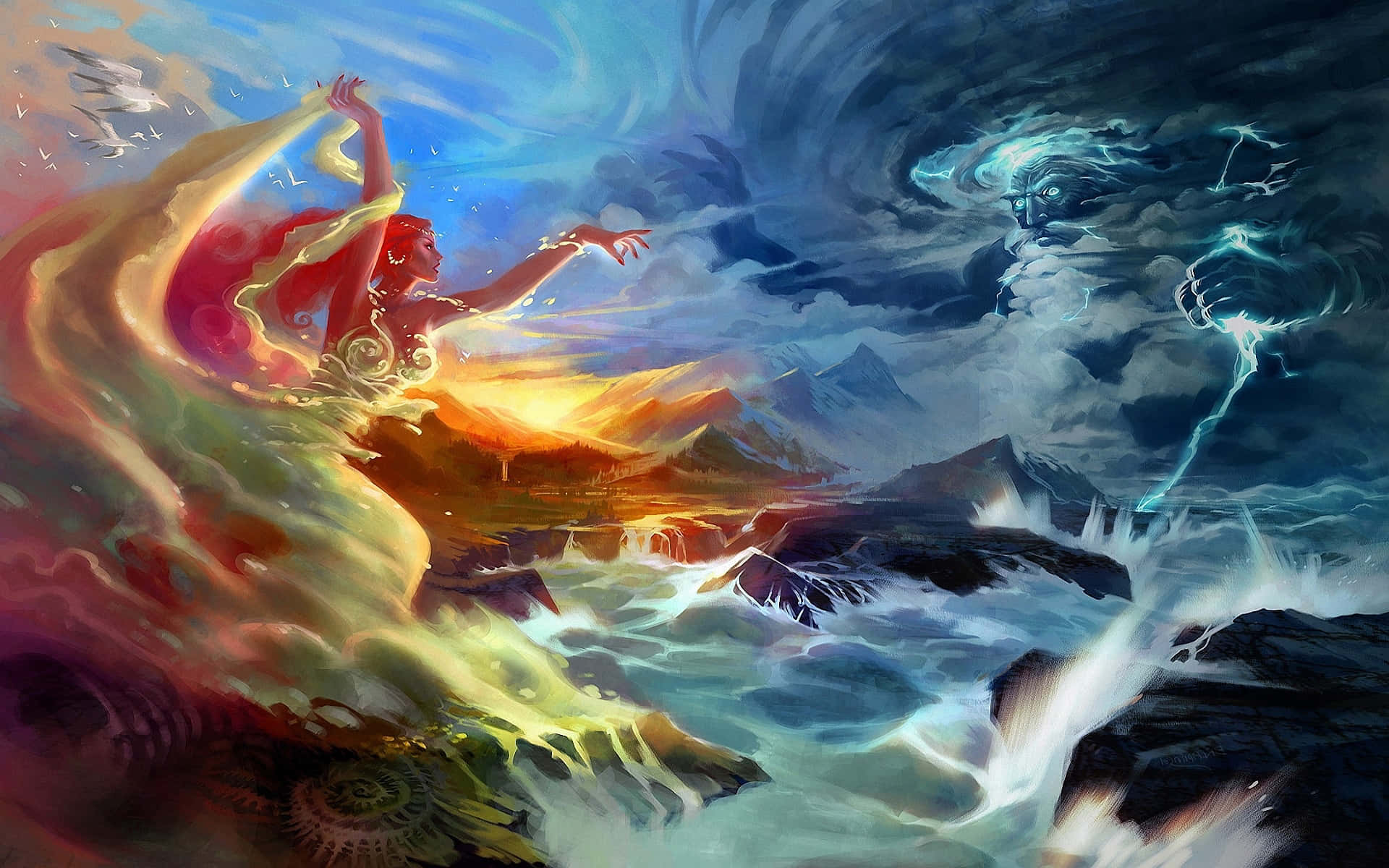 Battle Of Gods 桌布 壁紙 — 一位光芒四射的女神身穿飄逸的紅色和金色長袍，在雷電交加的黑暗天空下，於暴風雨中的懸崖頂上起舞。