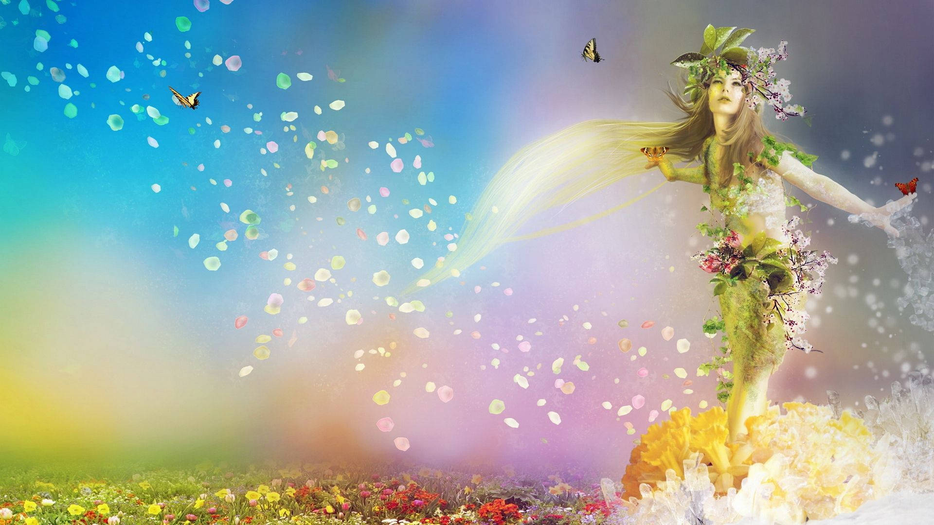 Animated 桌布 壁紙 — 一位光芒四射的精靈，長髮飄逸，頭戴花冠，站在發光的晶體上，在夢幻的彩虹天空下釋放出五彩斑斕的花瓣瀑布。